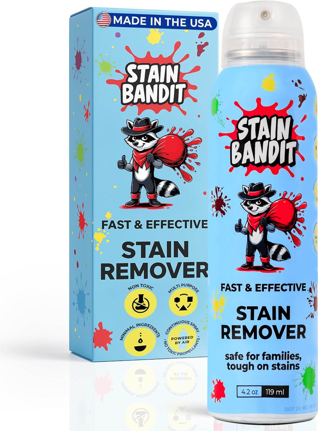 Stain Bandit Stain Remover Spray | Non-Toxic Stain Remover Family Safe Formula | Bag-On-Valve 360° Continuous Spray Bottle | Cleaner for Clothes
