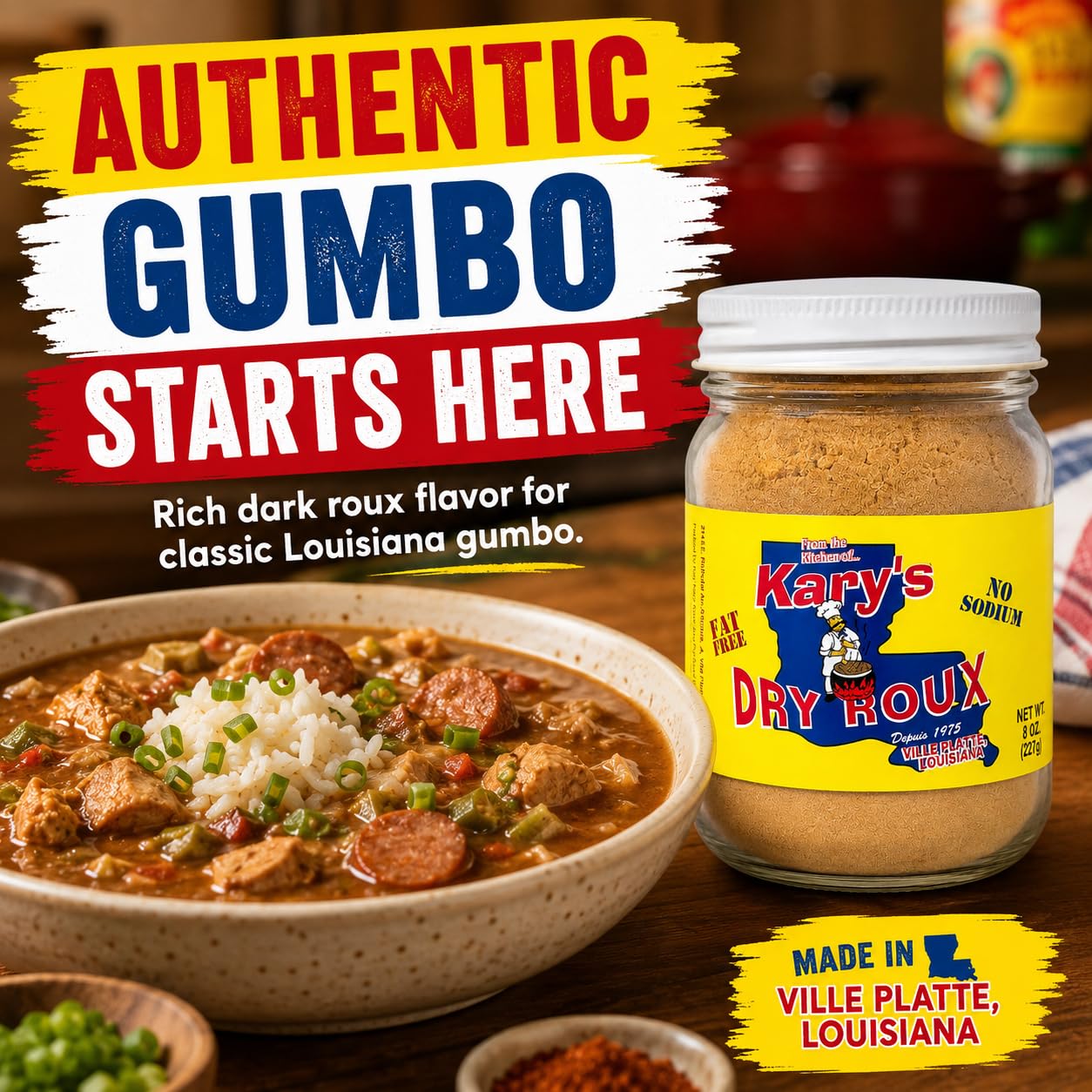 Kary's No Fat Dry Roux 8 oz, No Sodium Cajun Gumbo Base, Pack of 1