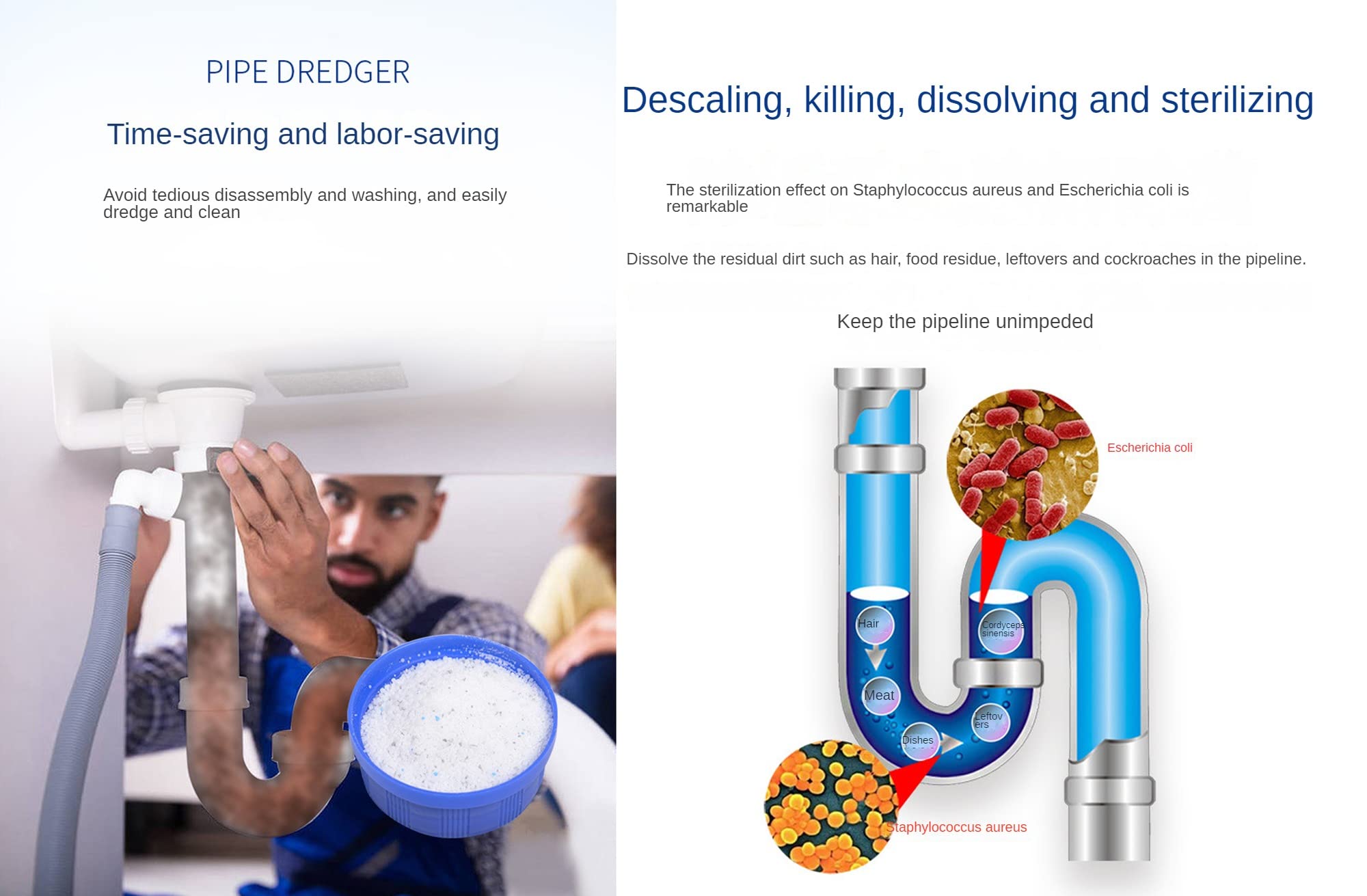 Pipeline unblocking agent strongly dissolves toilet, kitchen sewage, oil stains, plugs, deodorizers, deodorizers