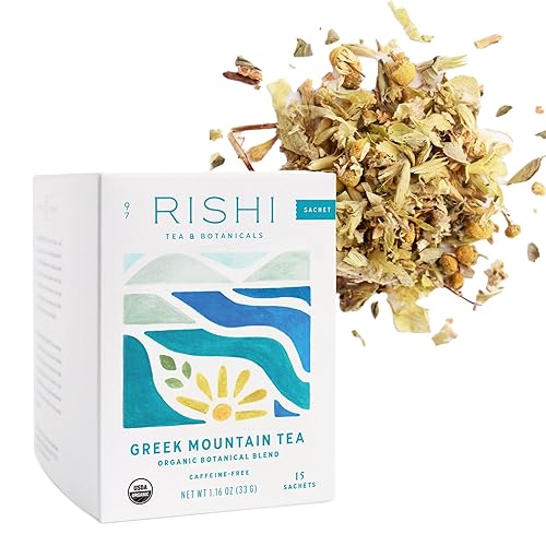 Rishi Tea Greek Mountain Tea Herbal Tea - Organic, Caffeine Free Sachet Tea Bags, Sleep Friendly, Fortifying Botanical Blend with Ironwort - 15 Count