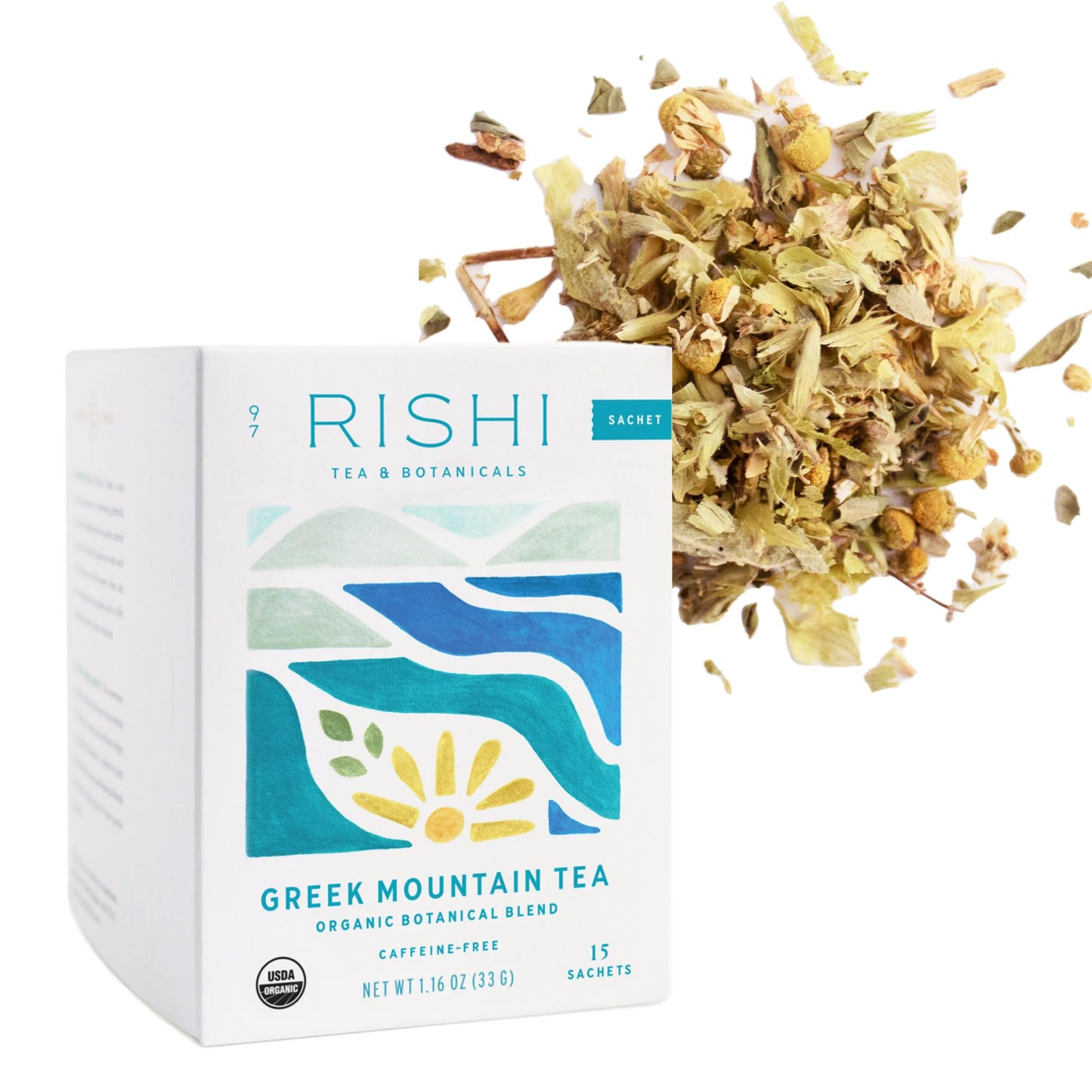 Rishi Tea Greek Mountain Tea Herbal Tea - Organic, Caffeine Free Sachet Tea Bags, Sleep Friendly, Fortifying Botanical Blend with Ironwort - 15 Count