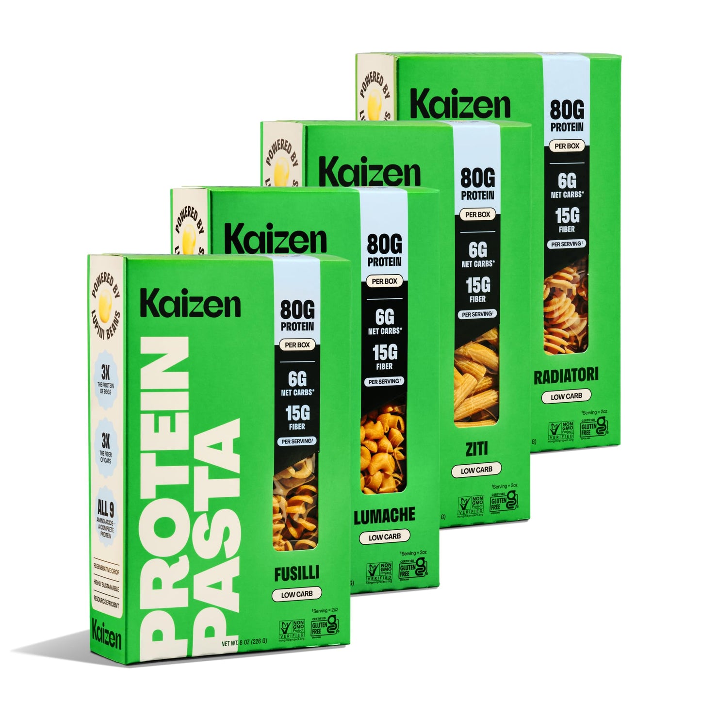 Kaizen Protein Pasta Variety Pack, 20g Protein, Low Carb (6g Net Carbs), Keto-Friendly, Gluten-Free, Plant-Based Lupini Noodles, High Fiber, 8 Ounce