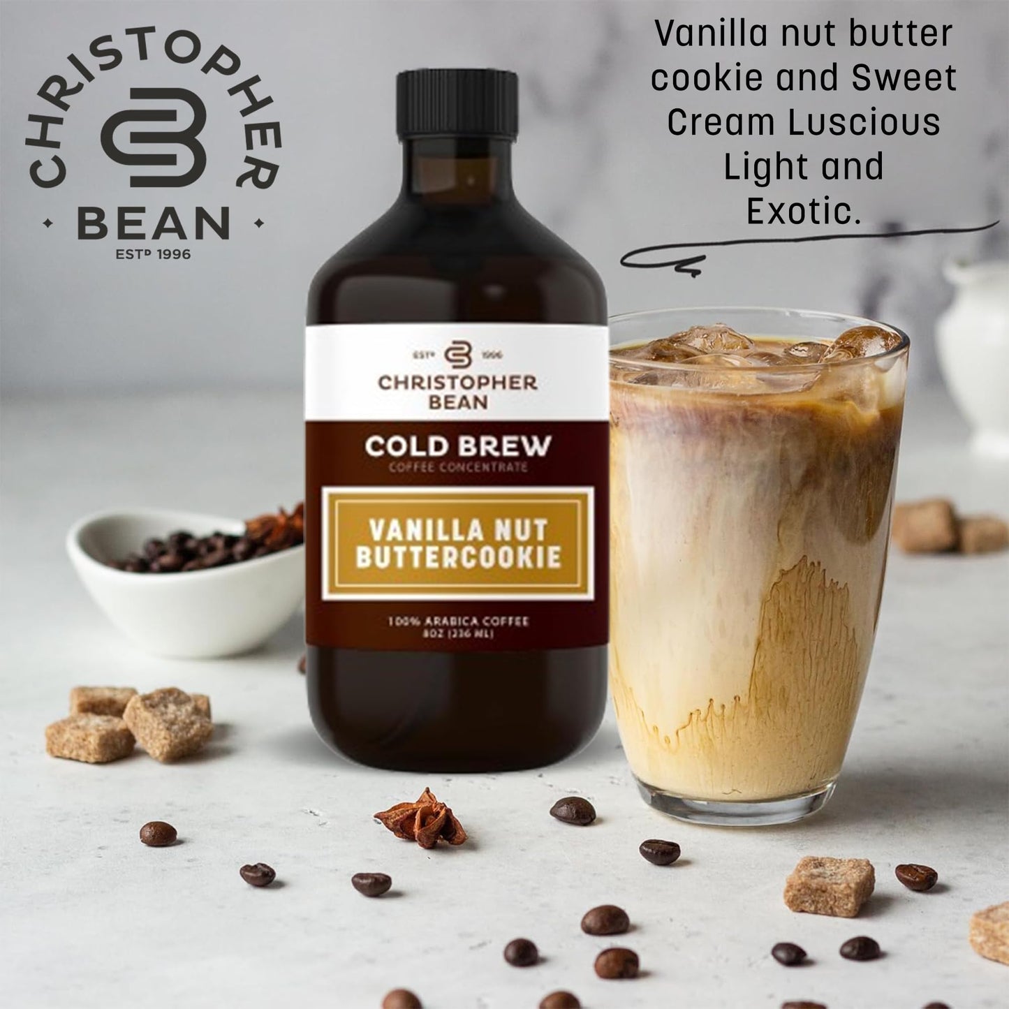 Christopher Bean Hand Crafted Vanilla Nut Butter Cookie Flavored Coffee - Unsweetened Cold Brew & Iced Instant Coffee Distillate Liquid Java - Butter