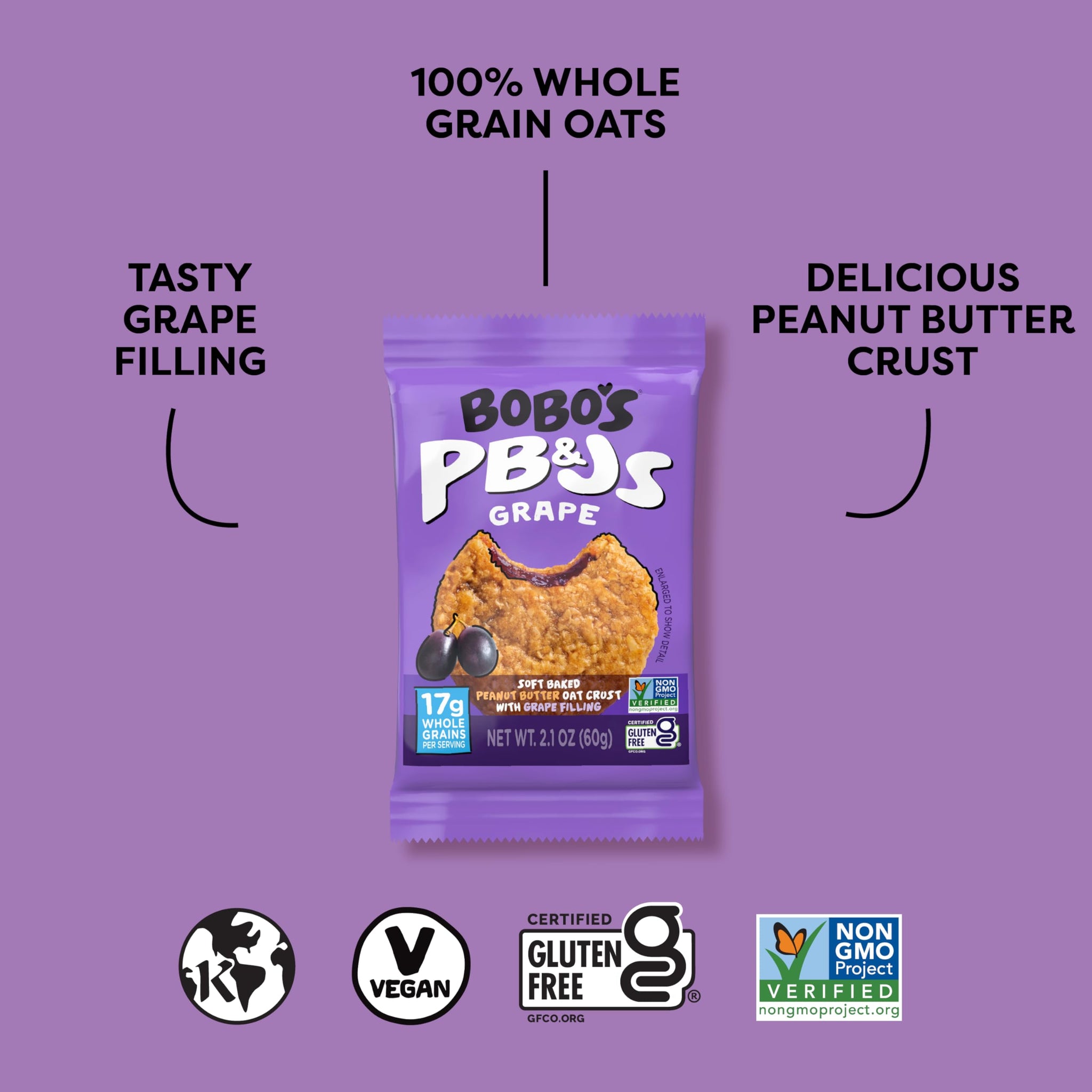 Bobo's Grape PB&J Oat Snacks, Simple Ingredients, Whole Grain Oats, Plant Based, Non-GMO, Gluten Free Breakfast Bars, Healthy Snacks for Adults & Kids