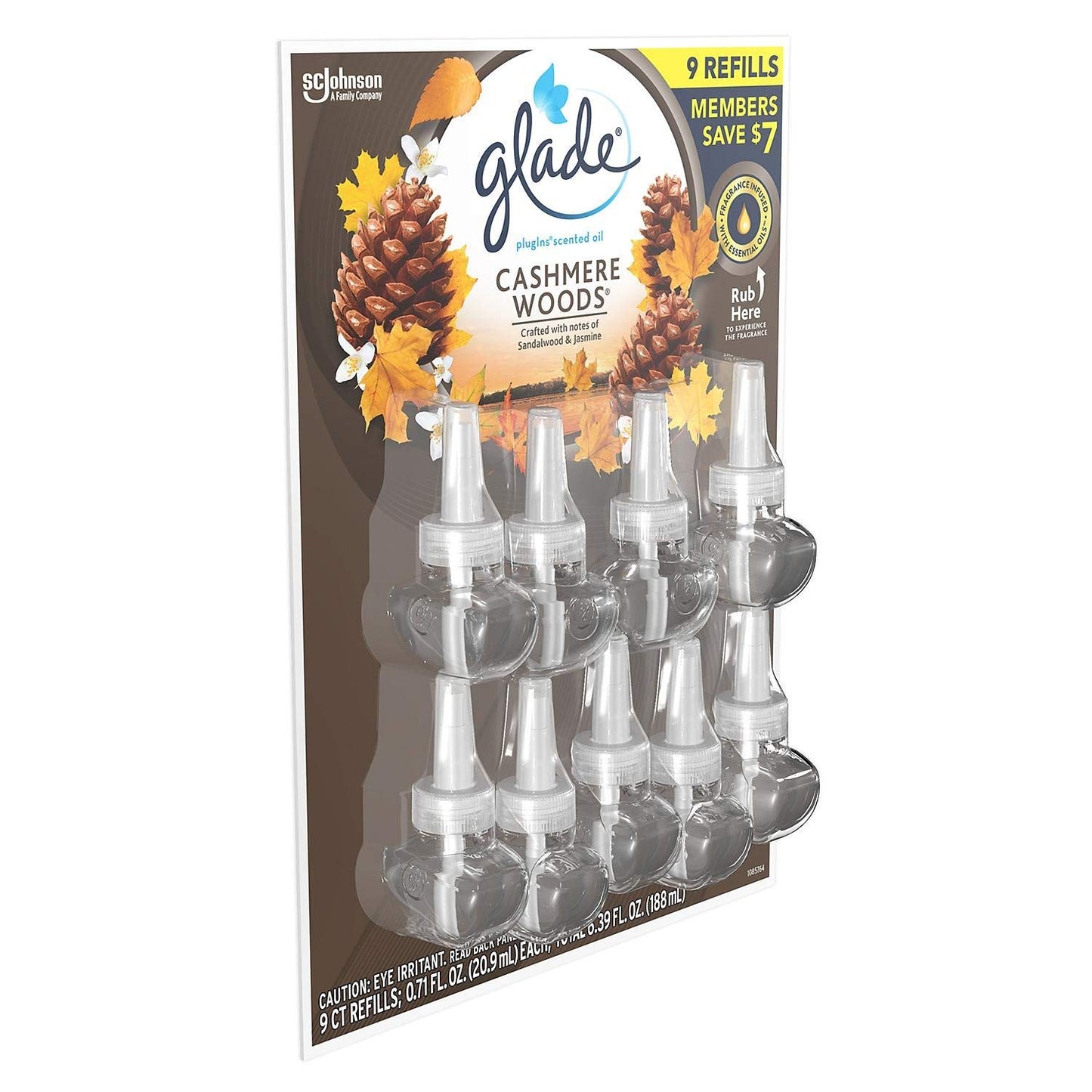 Glade PlugIns Scented Oil Refill, Essential Oil Infused Wall Plug in, 6.39 fl. oz, 9 ct. (Cashmere Woods)