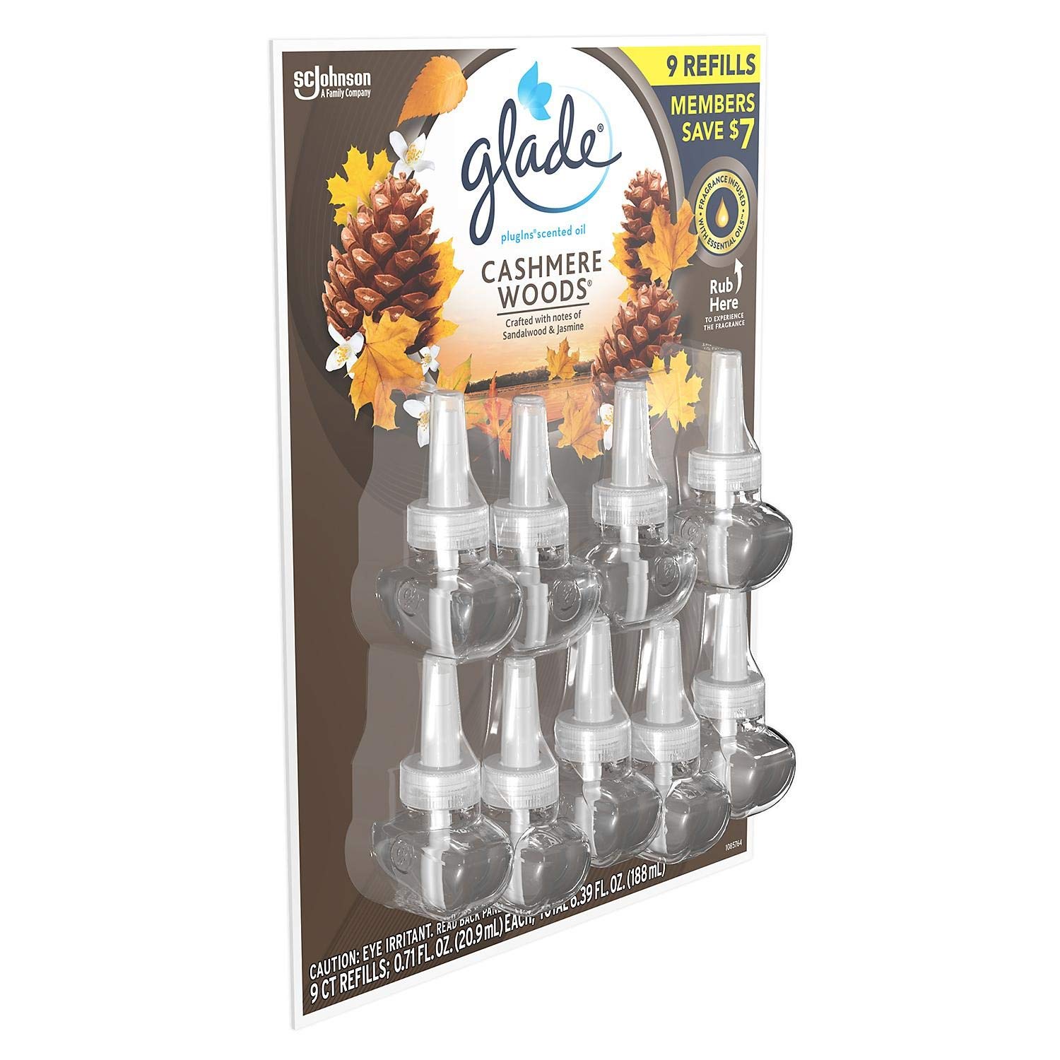 Glade PlugIns Scented Oil Refill, Essential Oil Infused Wall Plug in, 6.39 fl. oz, 9 ct. (Cashmere Woods)