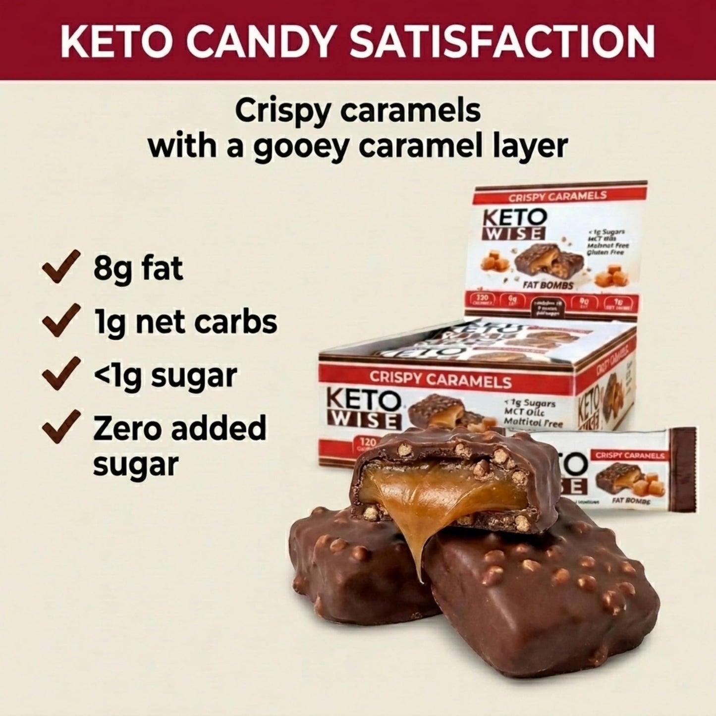Keto Wise Fat Bombs - Made with Chocolate containing MCT Oil - Low Fat, Low Carb and Keto Friendly Snack - 8g Fat, 1g Net Carbs | Crispy Caramels