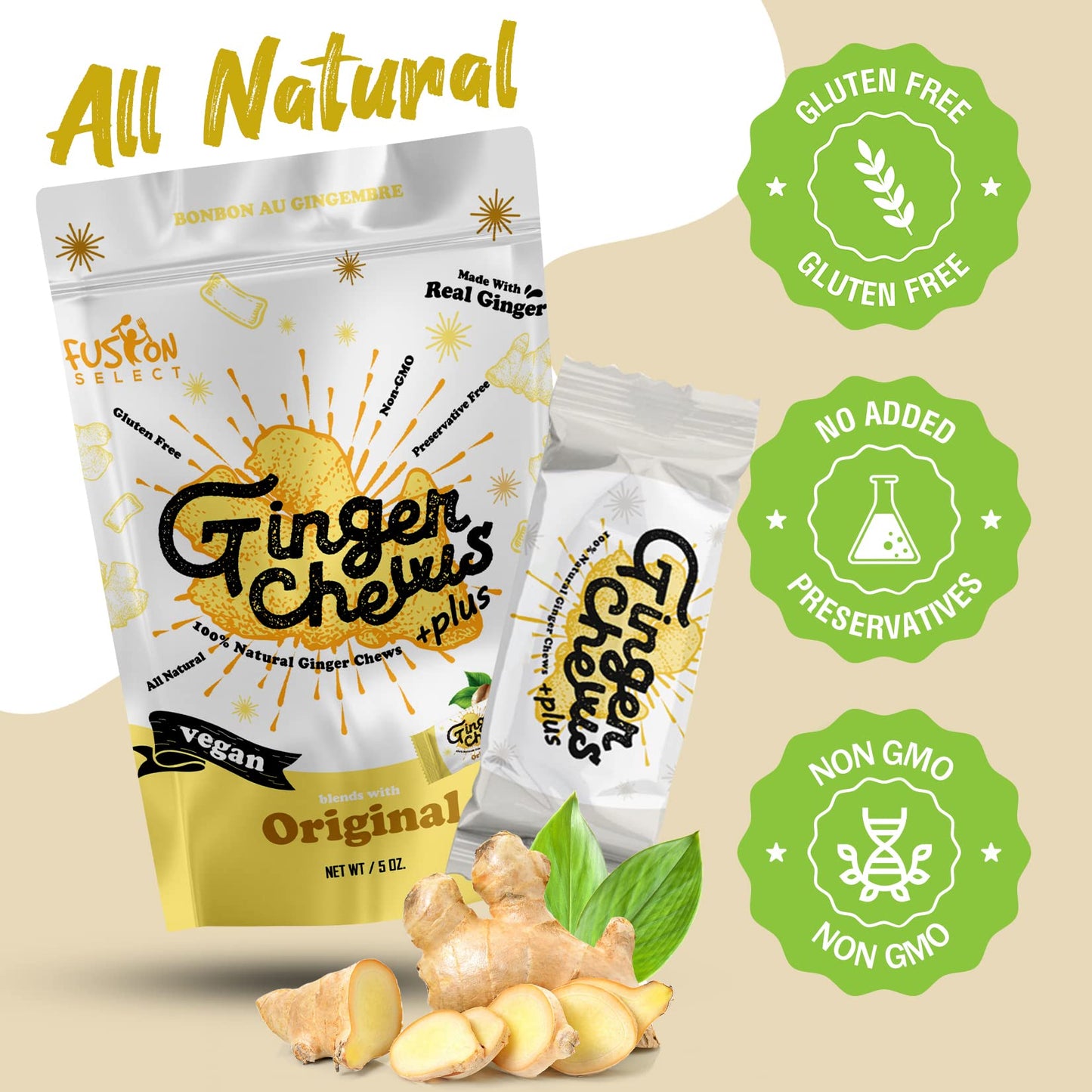 Fusion Select Original Ginger Chews - Sweet Soft Candied Delights From Indonesia - Promotes Relief From Morning Sickness, Upset Stomach - Made from