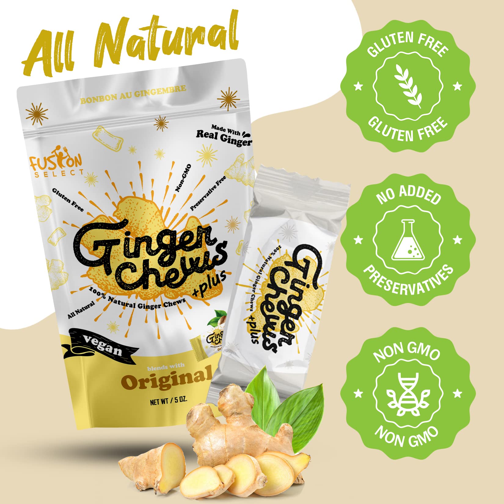 Fusion Select Original Ginger Chews - Sweet Soft Candied Delights From Indonesia - Promotes Relief From Morning Sickness, Upset Stomach - Made from