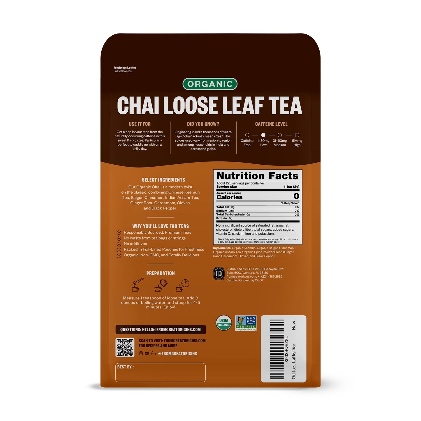 FGO Organic Chai Tea, 16 Ounce Loose Leaf Bulk Resealable Bag, Packaging May Vary (Pack of 1)