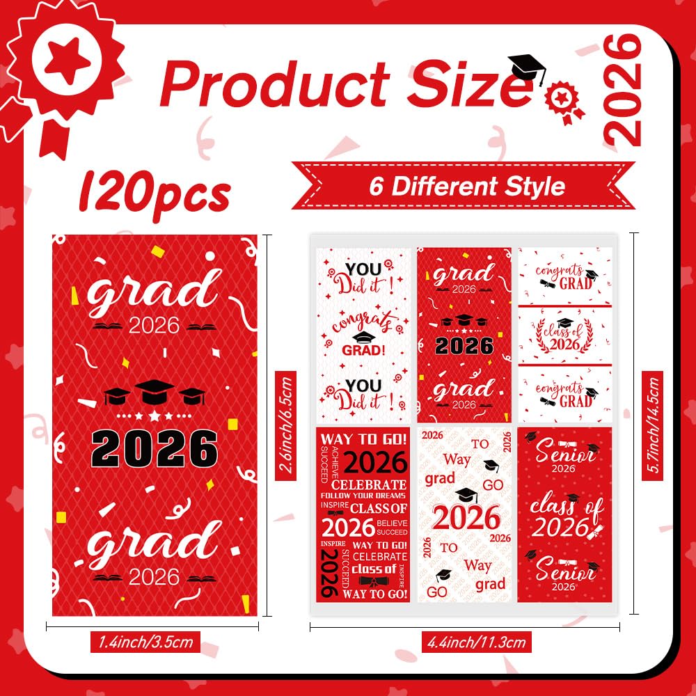 Graduation Party Decorations, 2026 Graduation Candy Stickers, 120 PCS Red White Congrats Grad Mini Candy Wrappers Class of 2026 Bar Label Sticker Gift