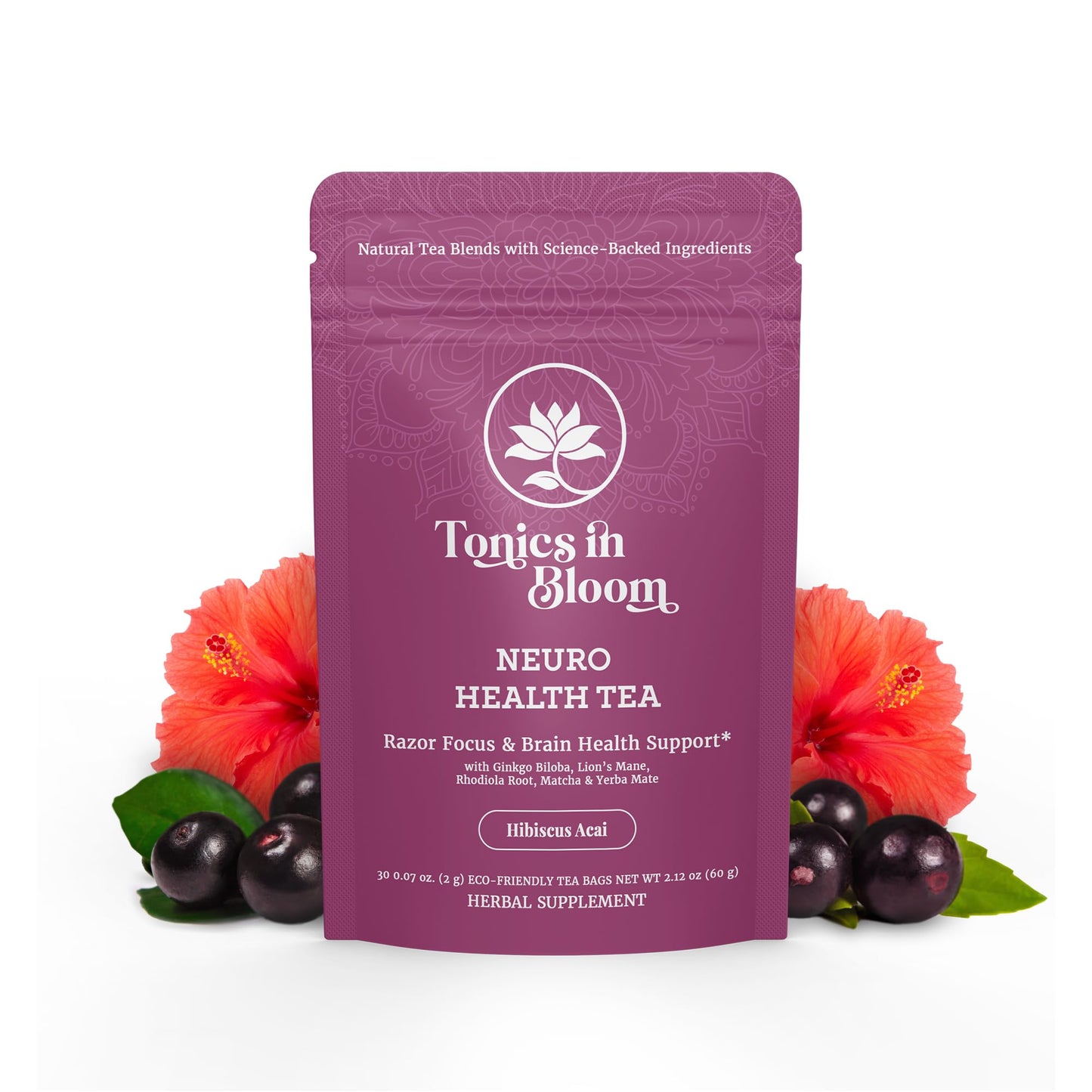 ANATOPEAK Brain Health Organic Herbal Tea - Yerba Mate, Rhodiola, Ginkgo Biloba, Lions Mane Mushroom, Green Tea and Matcha - For Brain Support