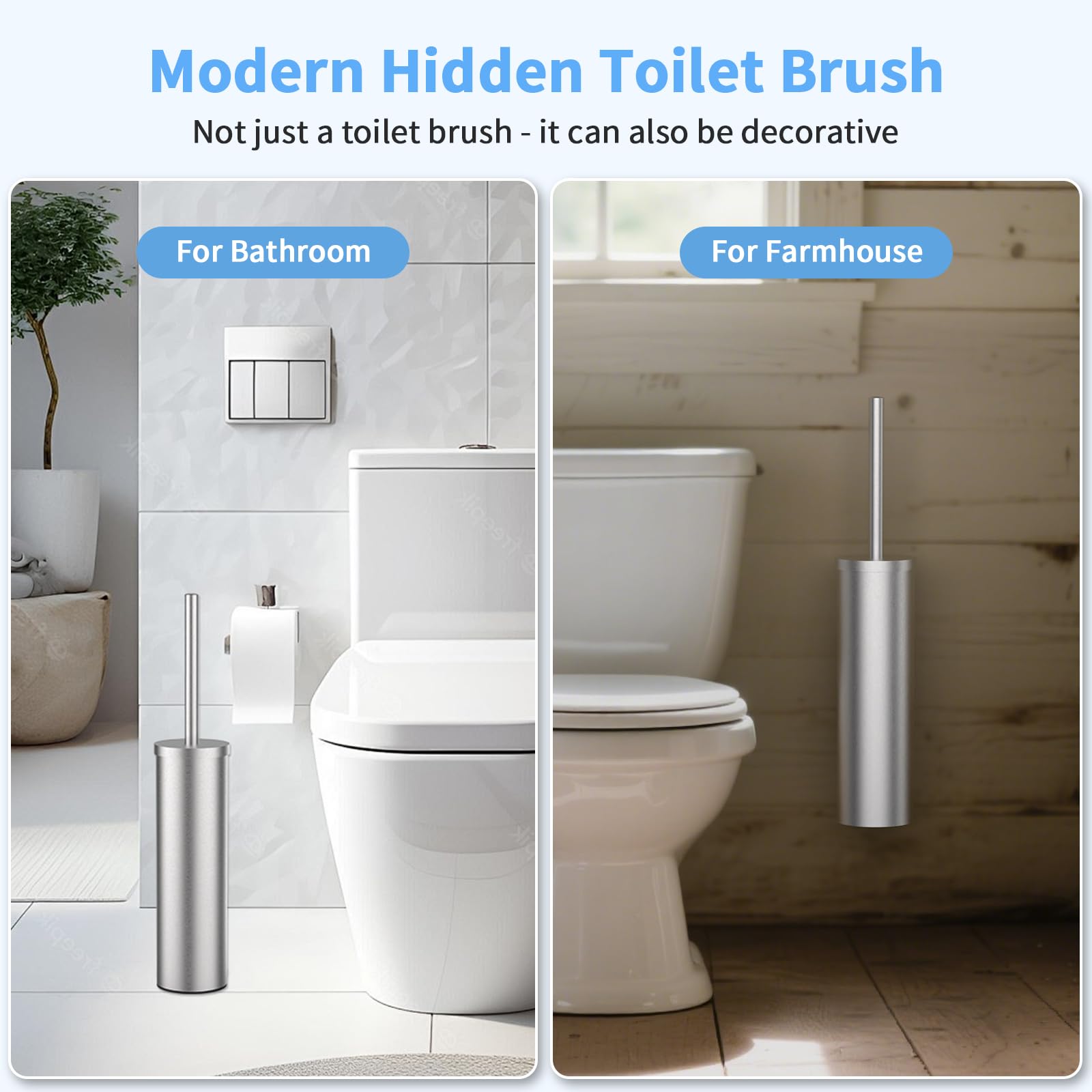 Stainless Steel Toilet Brush and Holder Set Brushed Silver Heavy Duty Toilet Bowl Brush with Long Handle for Bathroom and Farmhouse (Silver-2)