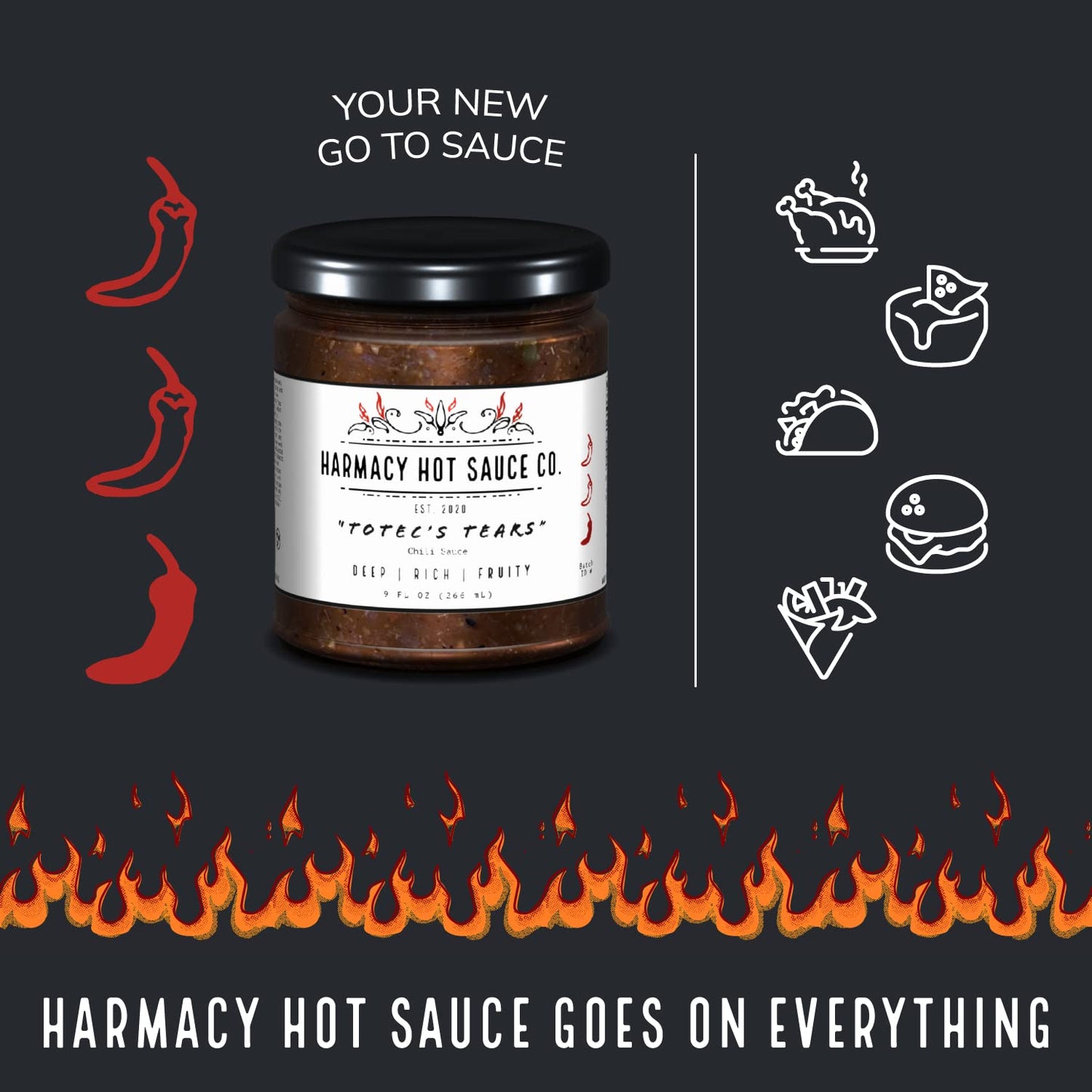 Totec's Tears - Gourmet Chili & Grilled Plum Pepper Sauce by Harmacy Hot Sauce Co, 9oz, with Sweet Heat and Smoky Depth, Small-Batch Artisan Spicy