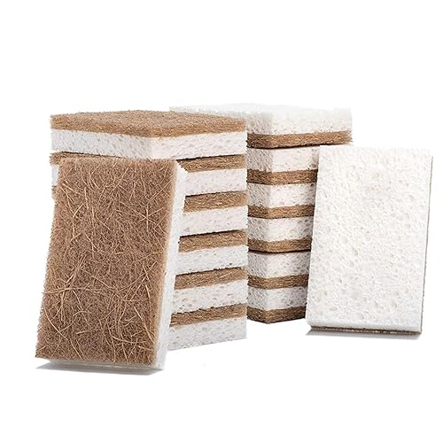 12 Pack Natural Cellulose Biodegradable Sponges, Non Scratch Kitchen Cleaning Sponge, Eco Friendly Coconut Fiber and Wood Cellulose Scrubber Sponge
