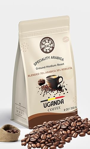 East African Coffees Uganda Espresso Blend - 70% Arabica 30% Robusta Medium Roast Ground Coffee, Bold Crema, Full Body, Single Origin Uganda, 8 oz