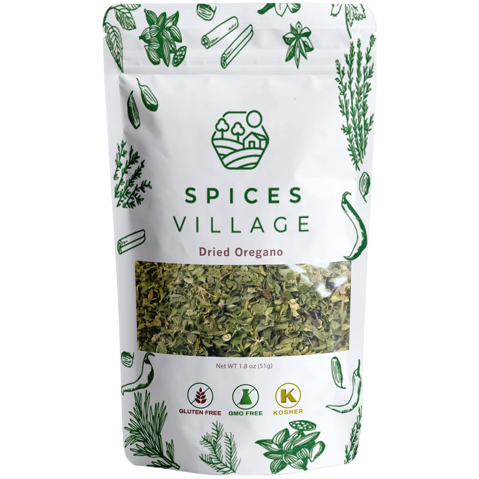 Spices Village Dried Oregano [1.8 oz] Pure Mediterranean Seasonings - Kosher Certified, All Natural Fresh Oregano Leaves from Turkey, Gluten Free, Non