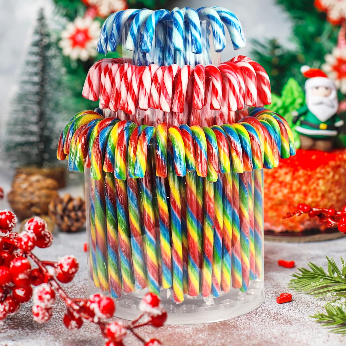 Christmas Candy Canes Tutti Frutti, Blue/White Peppermint, Red and White Cherry Mix Flavors - Bulk Candy Canes Individually Wrapped for Family Holiday