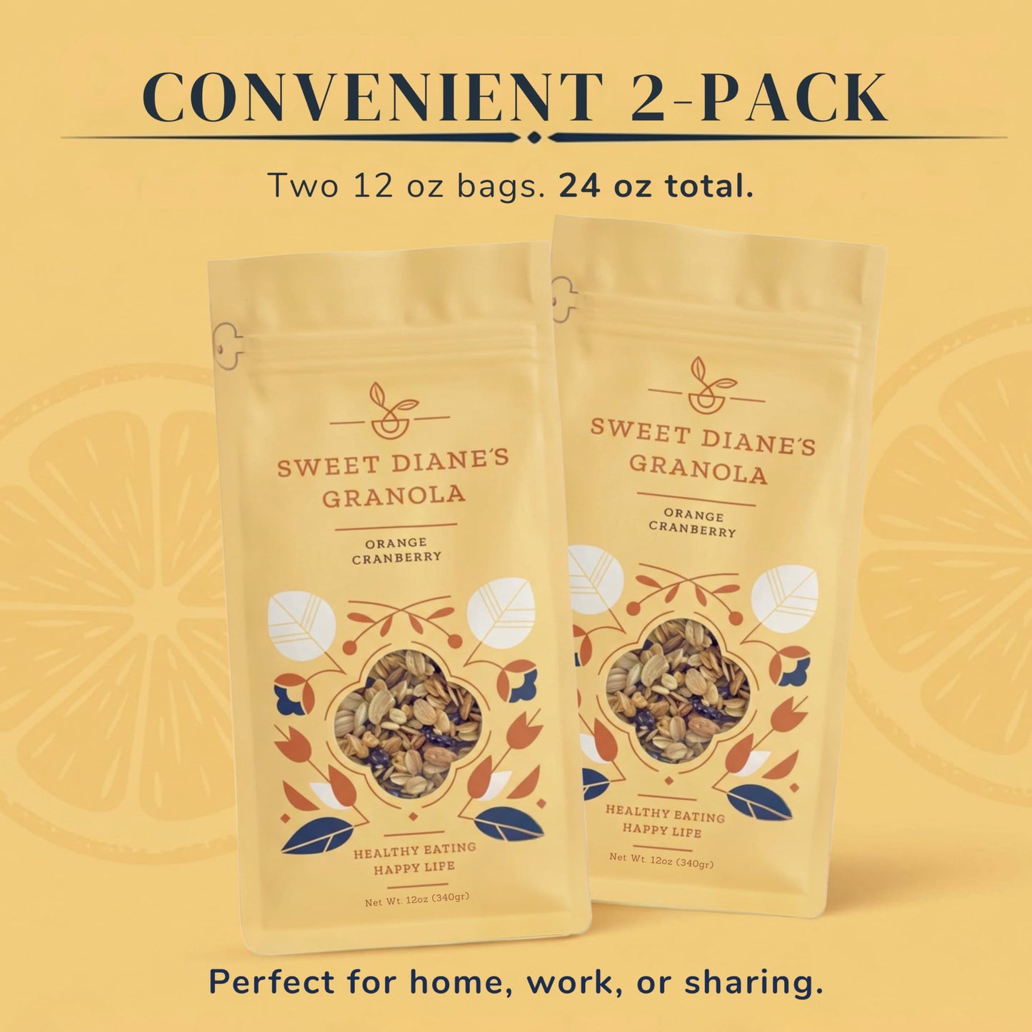 Sweet Diane’s Organic Granola - Orange Cranberry | 2-Pack (12 oz Each) | Gluten-Free, Vegan, Low Sugar, High Fiber | Oats, Pecans, Seeds & Citrus