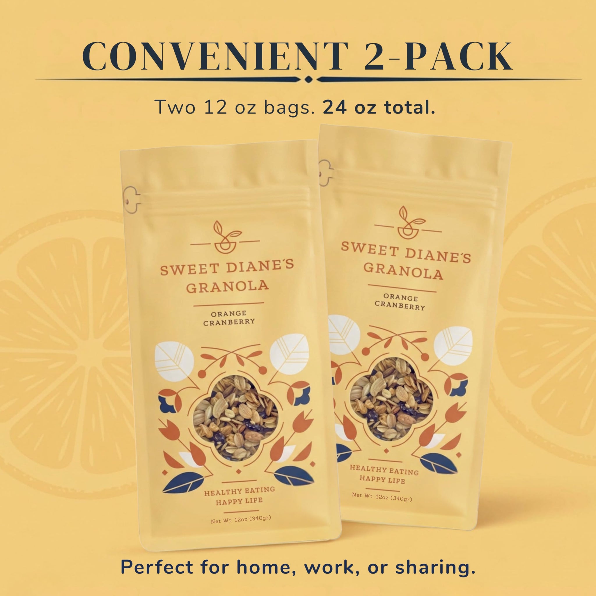 Sweet Diane’s Organic Granola - Orange Cranberry | 2-Pack (12 oz Each) | Gluten-Free, Vegan, Low Sugar, High Fiber | Oats, Pecans, Seeds & Citrus