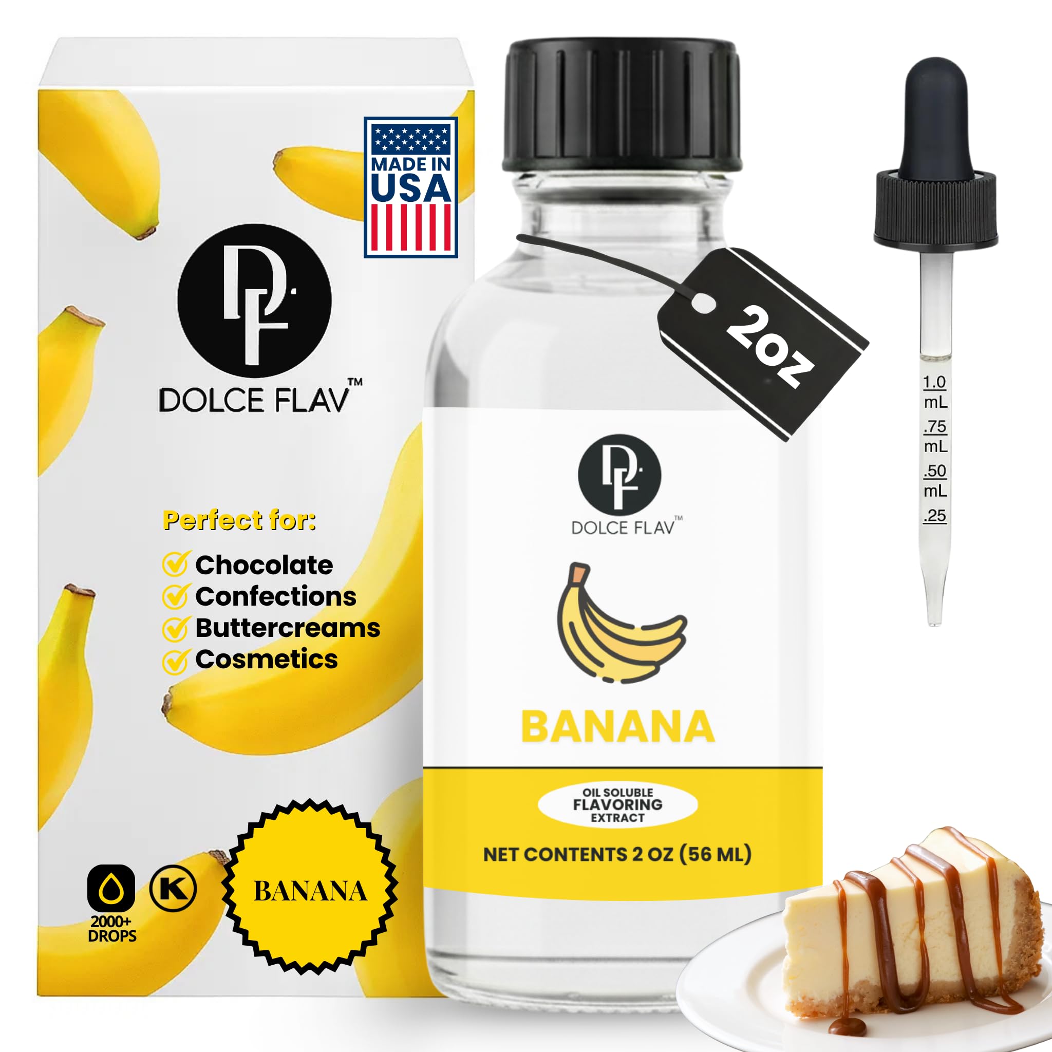 Dolce Flav Banana Extract - 2 Ounce Oil-Soluble Kosher, Sugar-Free, Concentrated Ripe Banana Flavoring for Baking, Smoothies & Ice Cream, Includes