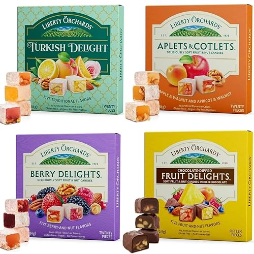Liberty Orchards Variety 4 Pack | Chocolate Dipped Fruit Delights, Turkish Delight, Aplets & Cotlets, Berry Delight | Gluten Free, Vegan