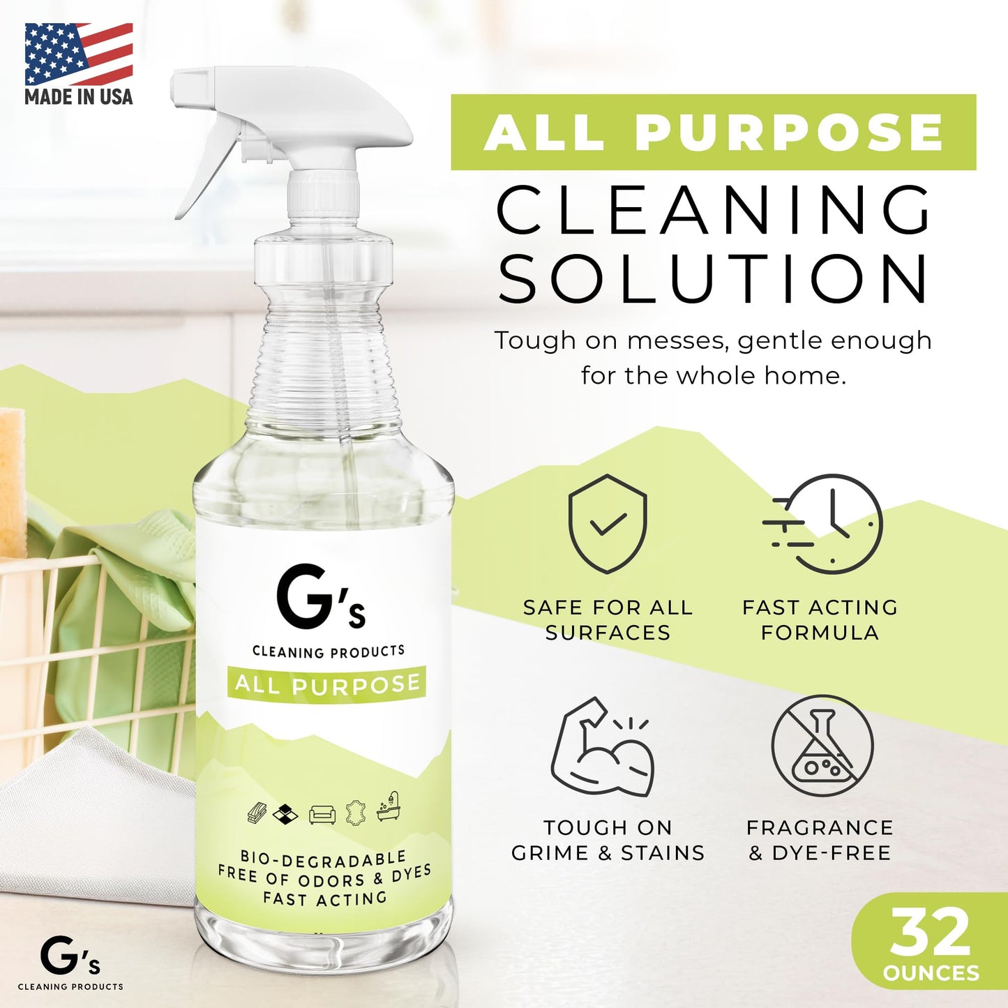G's Cleaning Biodegradable All Purpose Cleaner - 32 oz Non-Toxic Natural Cleaning Spray - Multipurpose Cleaner Spray for Multi Surface, Kitchen