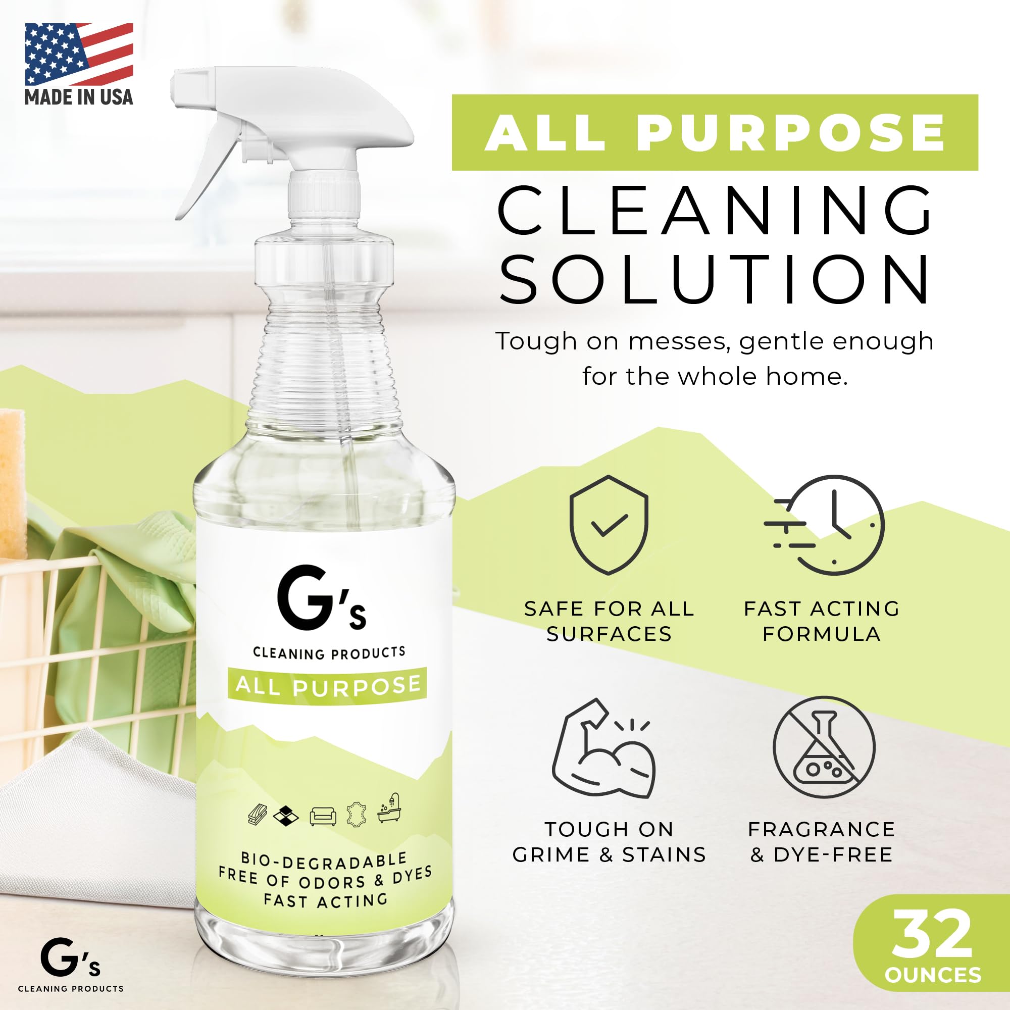 G's Cleaning Biodegradable All Purpose Cleaner - 32 oz Non-Toxic Natural Cleaning Spray - Multipurpose Cleaner Spray for Multi Surface, Kitchen