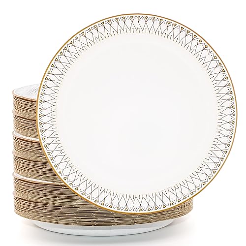 yesbox 150-Pack Elegant Gold Rim 10-Inch Paper Plates - Premium Disposable Dinnerware for Weddings, Parties, and Special Occasions