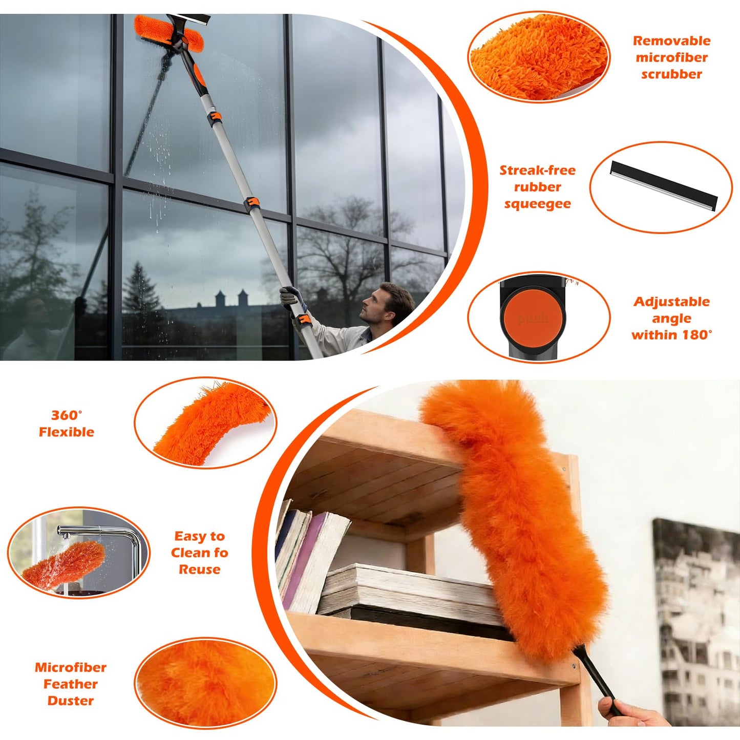 25FT Reach High Ceiling Duster Kits with 5-20FT Adjustable Pole - Includes Extra Long Duster, High Ceiling Duster, Rotatable Window Squeegee & Cobweb