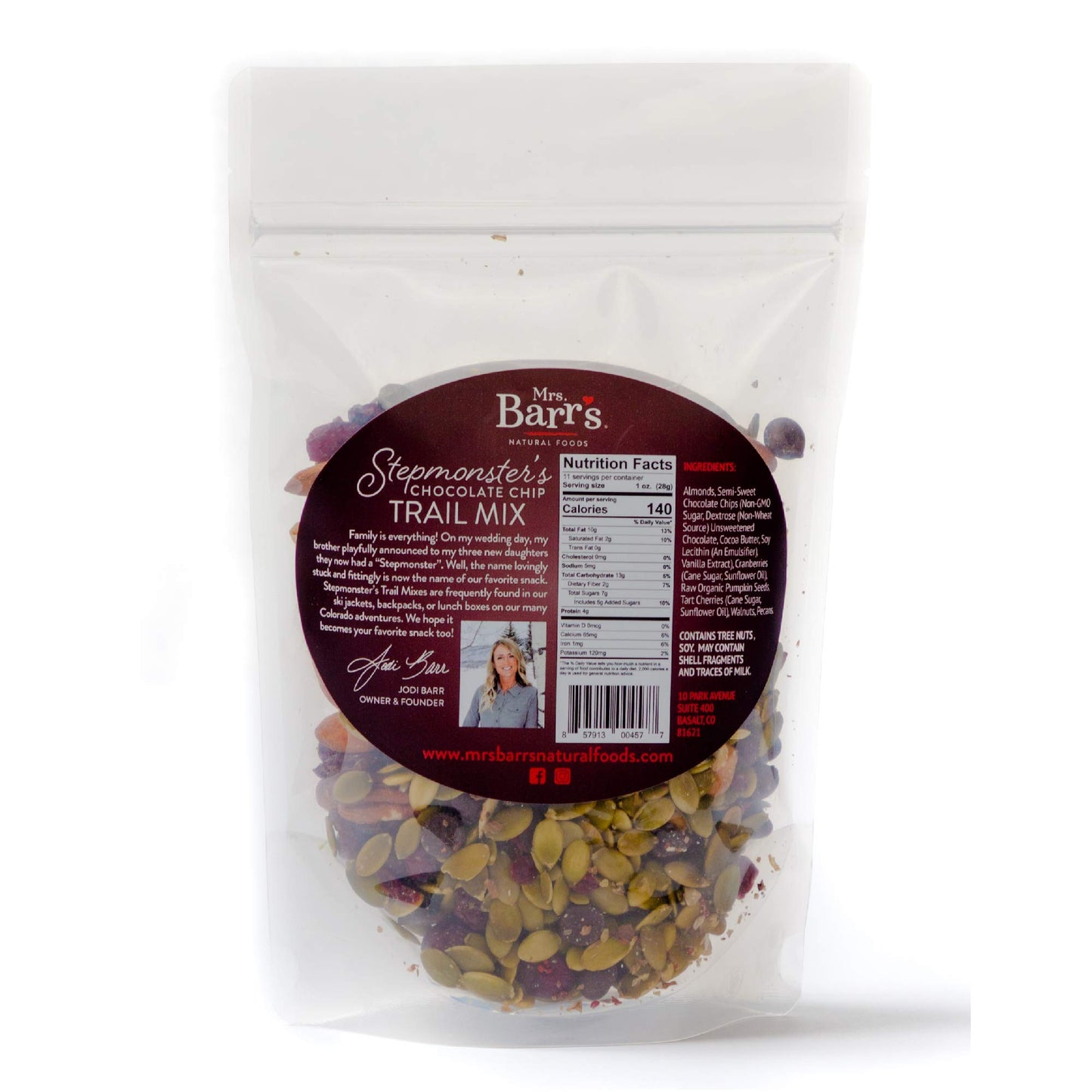 Mrs. Barr’s Natural Foods Trail Mix | Chocolate Chip | Superfood | Real Food Ingredients | Plant-Based Protein Snack | Camping, Hiking & Backpacking