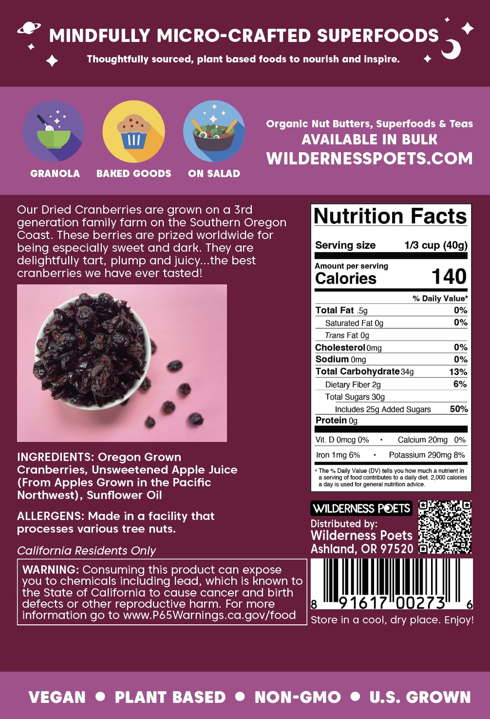 Wilderness Poets, Oregon Cranberries (Sweetened with Apples) - Dried Cranberries Infused with Unsweetened Apple Juice - 2 Pound (32 Ounce)
