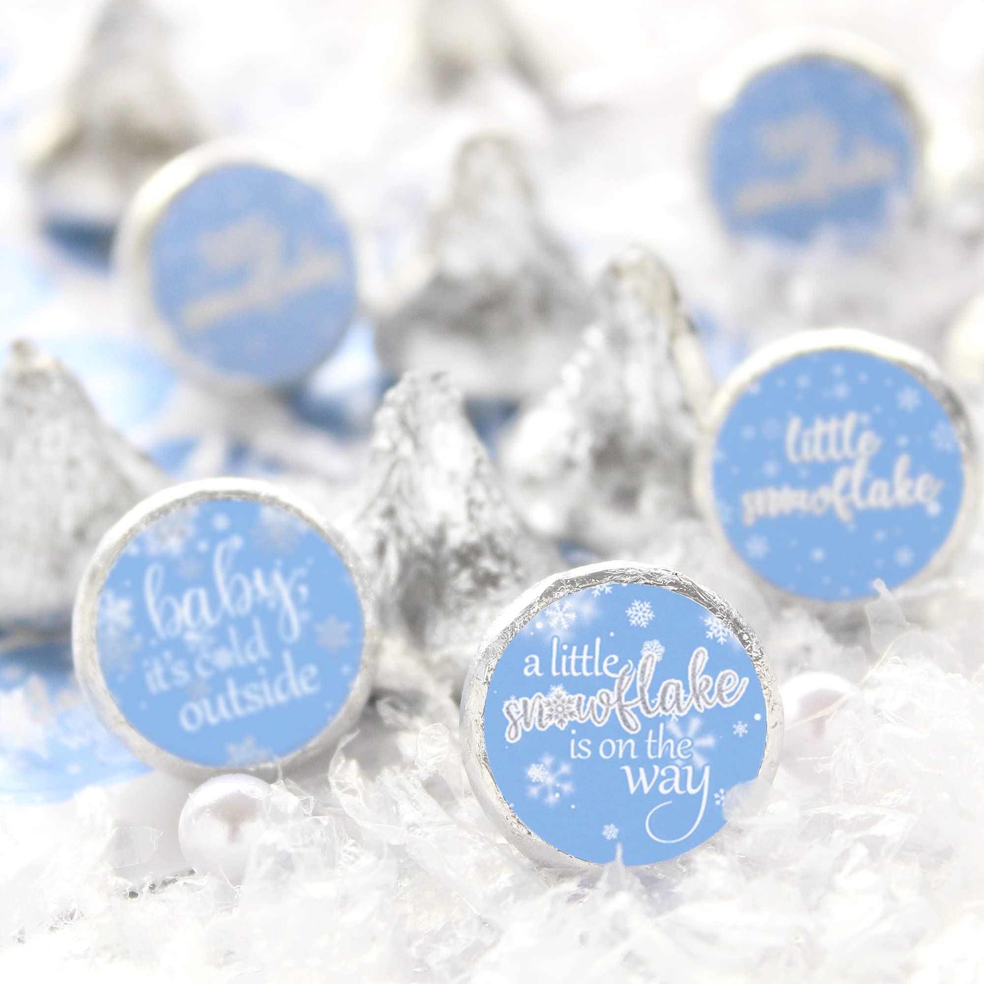 Blue Little Snowflake Winter Baby Shower Chocolate Kisses Candy Stickers, Baby It's Cold Outside Party Favors - 180 Count