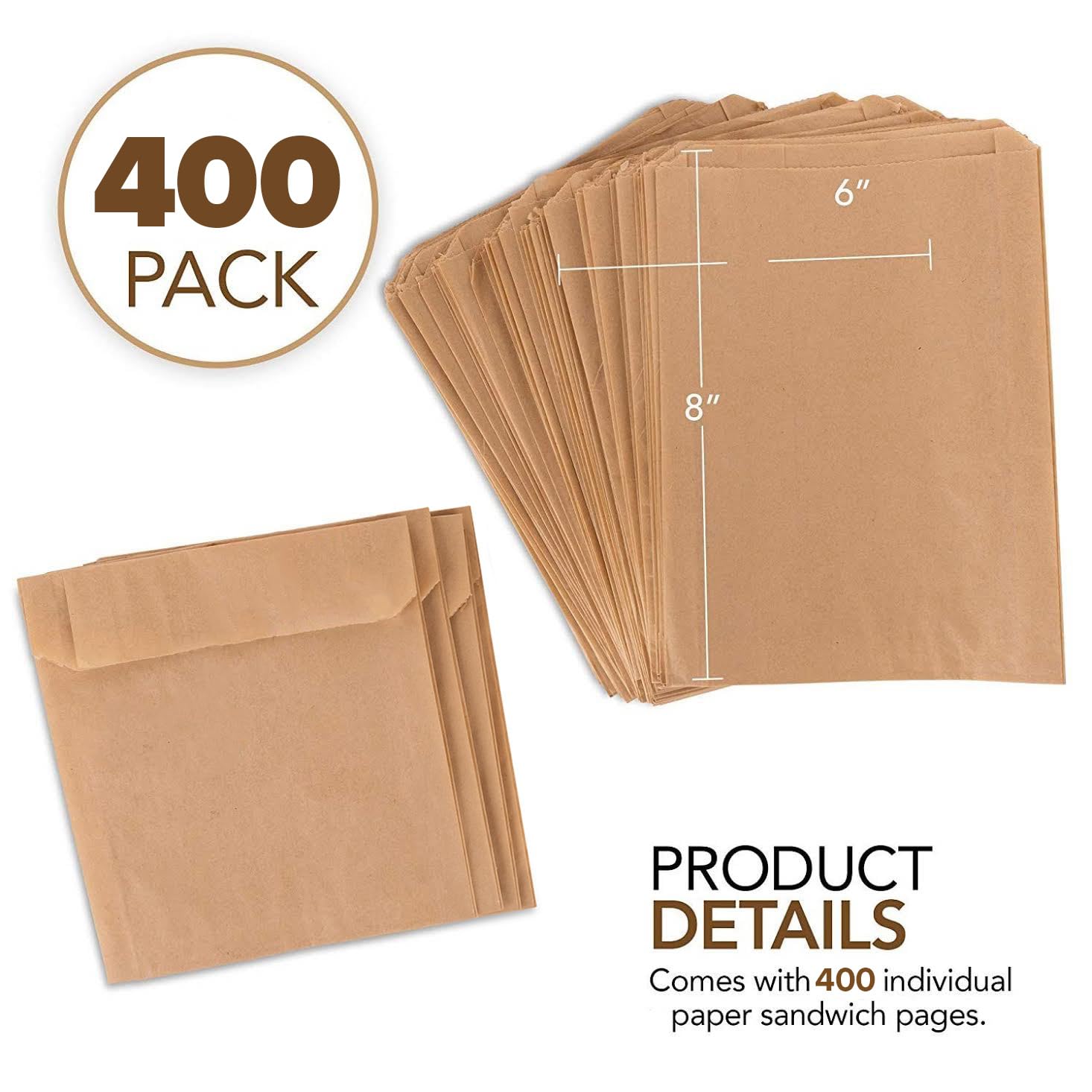 Kraft Brown Sandwich Bags (400 Pack) - Microwavable Unbleached Natural Kraft Paper Bags - Food Grade Grease Resistant Bags for Pastries, Cookies