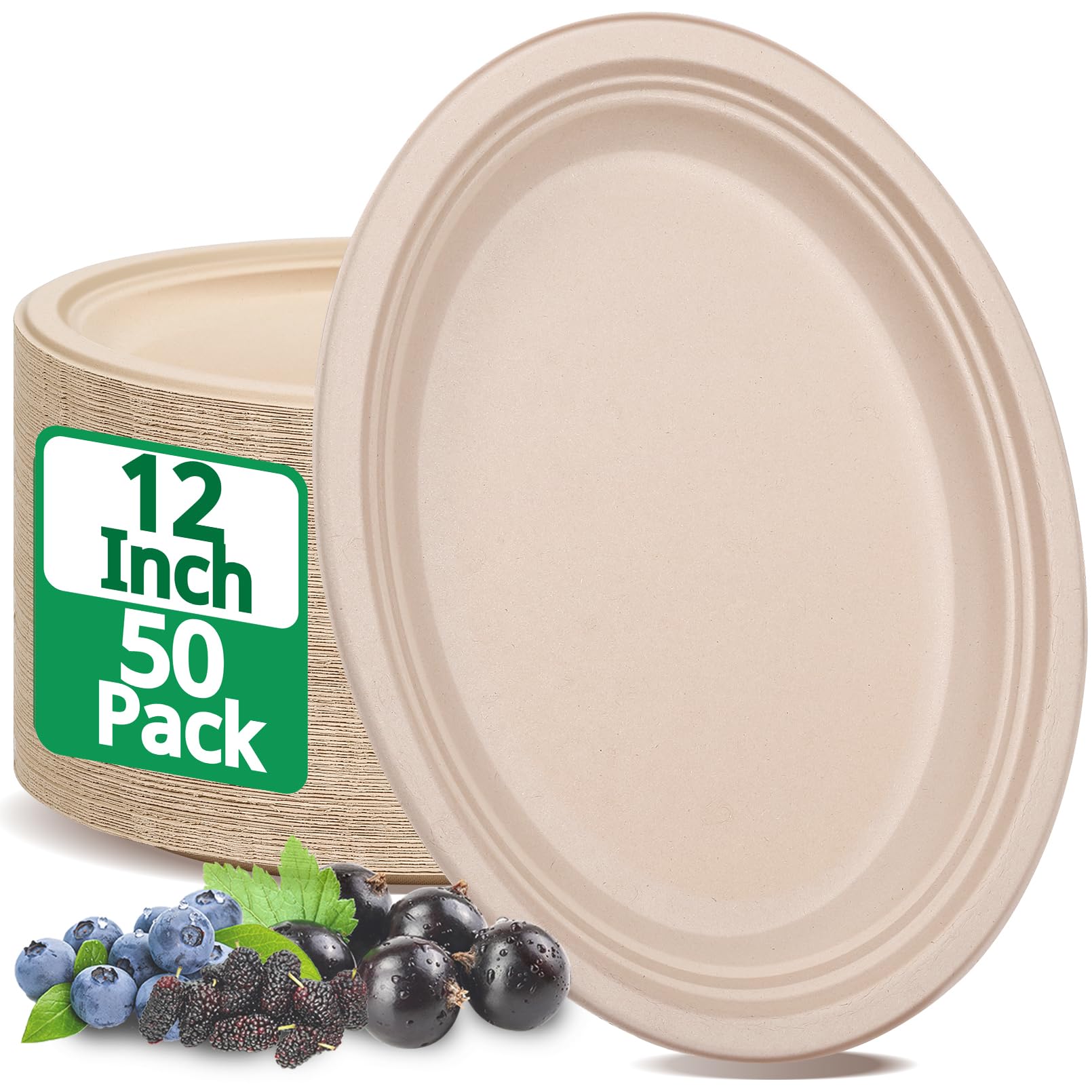 RAIHOMKIT 50 Pack Oval Paper Plates,Disposable Paper Plates,Heavy Duty Paper Plates,Natural Bagasse Unbleached Eco-Friendly Sugarcane Plates for BBQ