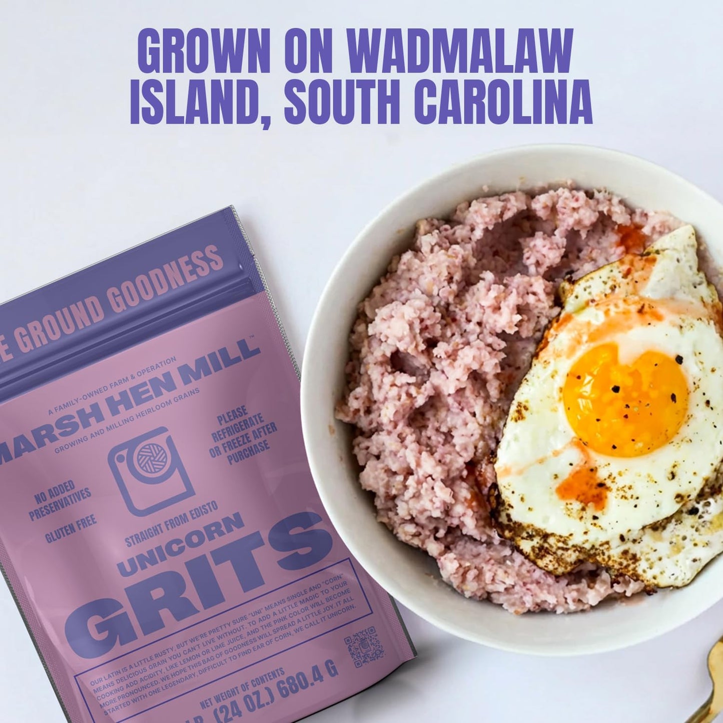 Marsh Hen Mill Unicorn Grits - Stone Ground Heirloom Blend of Pink Corn | Old-Fashioned Corn Grits | Gluten-Free & No Additives | Pure All-Natural
