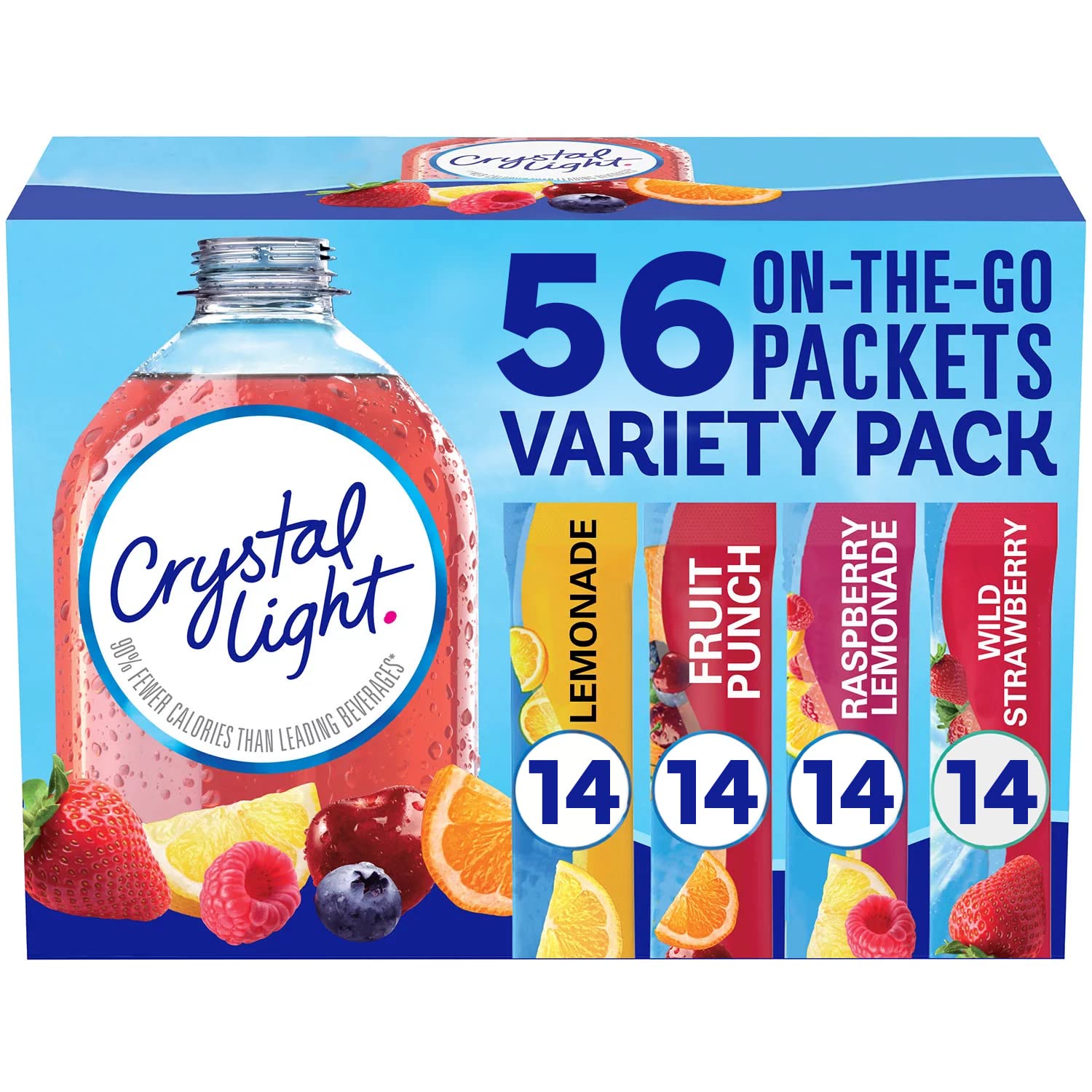 VARIETY PACK Crystal Light Sugar-Free, Lemonade, Fruit Punch, Raspberry Lemonade and Wild Strawberry On-The-Go Powdered Drink Mix Variety Pack, 56