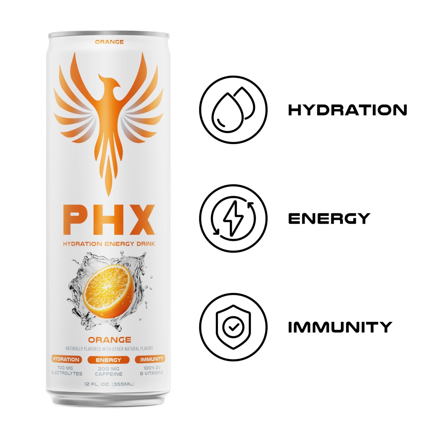 PHX Hydration Energy Drink - 700mg Electrolytes, 200mg Natural Green Tea Caffeine, 100% Daily Value 8 Essential Vitamins - 12 oz Cans (12 Pack) (12