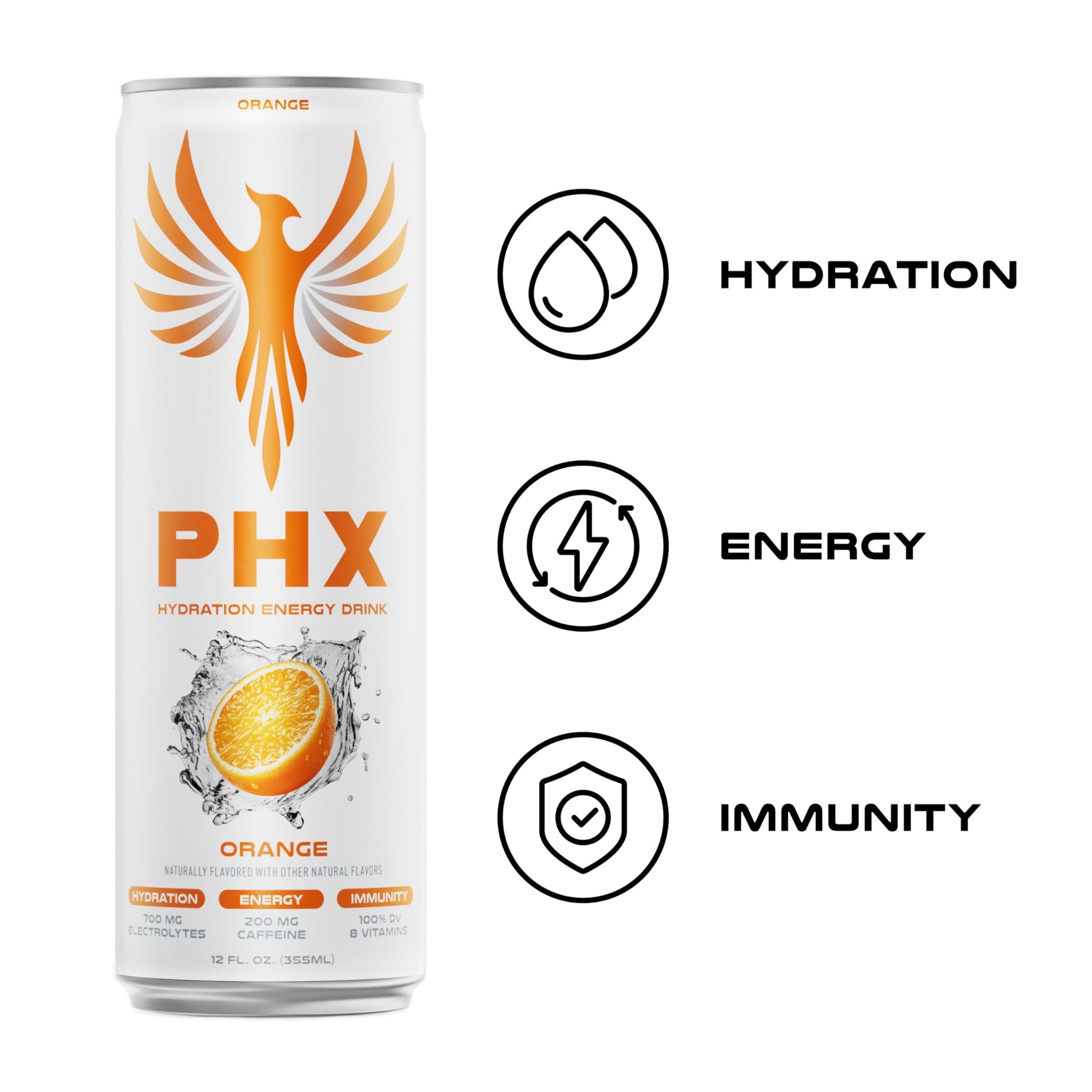 PHX Hydration Energy Drink - 700mg Electrolytes, 200mg Natural Green Tea Caffeine, 100% Daily Value 8 Essential Vitamins - 12 oz Cans (12 Pack) (12