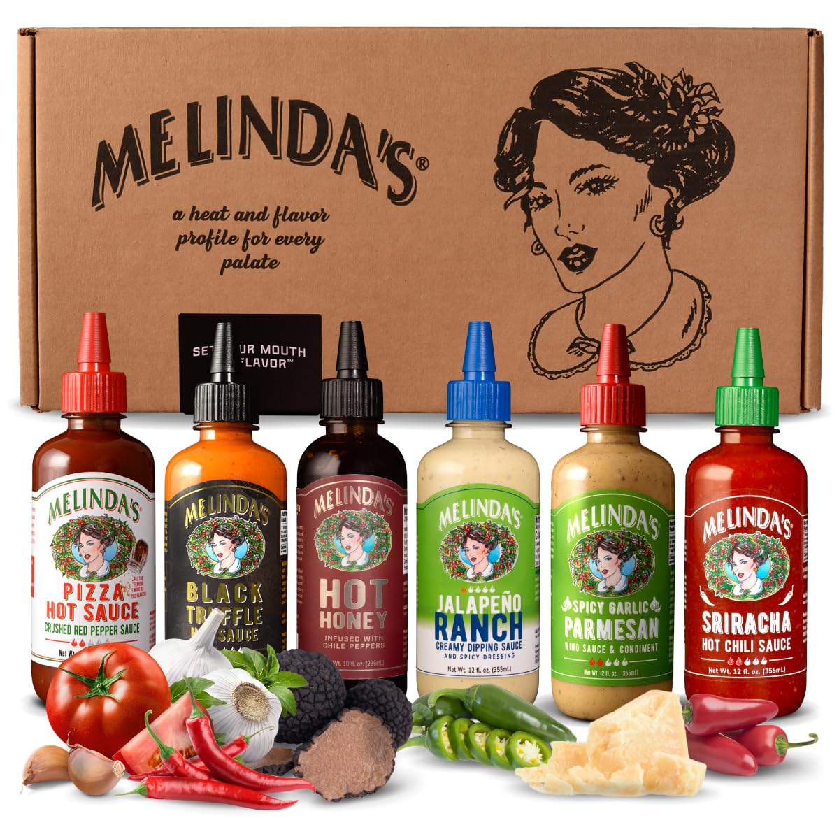 Melinda’s Pizza Collection - 6 Pack (70 Oz) - Gourmet Pizza Hot Sauce Gift Set with Hot Honey, Black Truffle, Jalapeño Ranch & More - Gluten Free