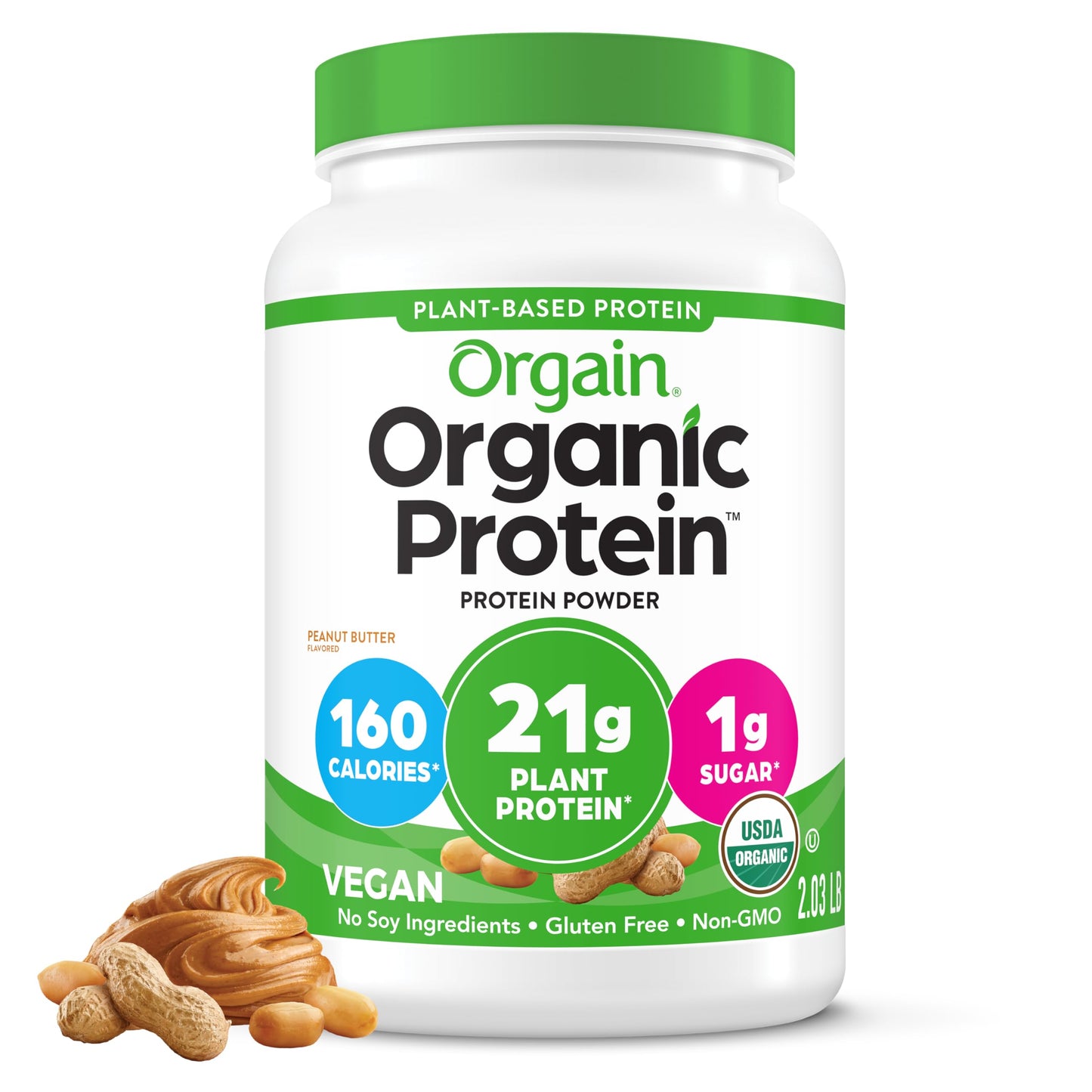 Orgain Organic Vegan Protein Powder, Peanut Butter - 21g Plant Protein, 7g Prebiotic Fiber, Low Net Carb, No Dairy Ingredients, No Added Sugar