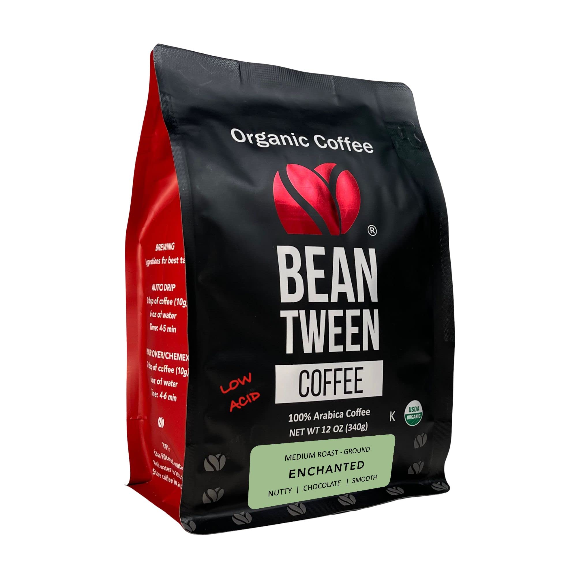 Beantween Coffee: Premium Organic MEDIUM ROAST Ground (12oz) of 100% Arabica Coffee - Low Acid, MOLD-FREE, Certified Organic, Kosher, Single Origin