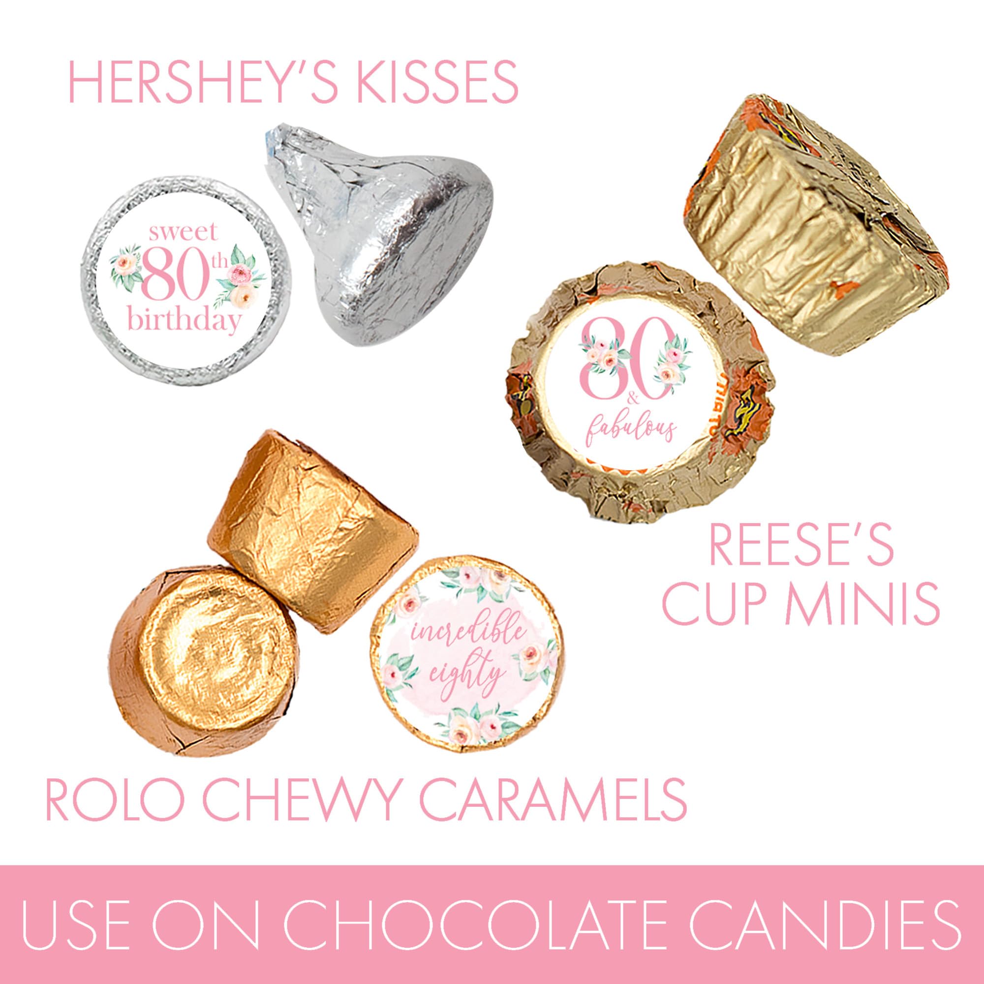 Pink Floral 80th Birthday Chocolate Kisses Candy Stickers, Pink 80 and Fabulous Birthday Party Favor Labels - 180 Count