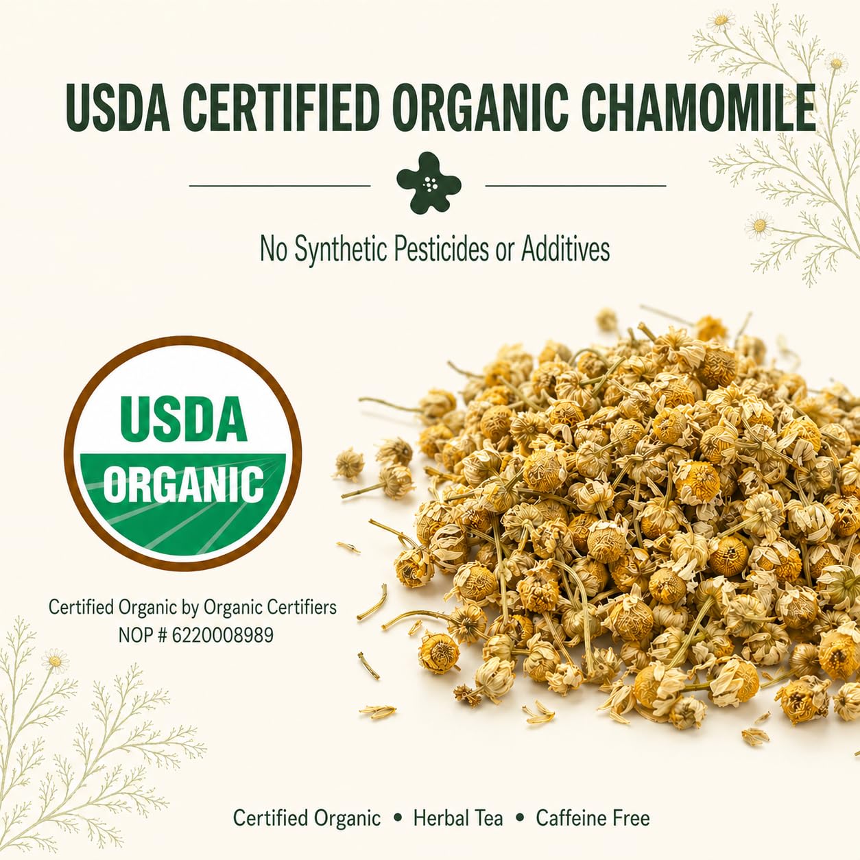 J Mac Botanicals Organic Chamomile Flowers (4 oz) - Whole Egyptian Chamomile Loose Leaf Herbal Tea, Caffeine-Free, Premium Dried Chamomile Flowers