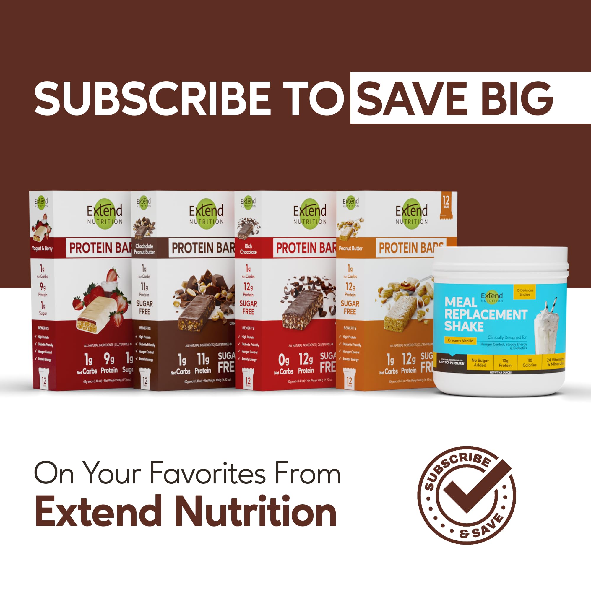 Extend Sugar Free Protein Bars, Perfect Diabetic Snacks, High Protein and Fiber, Hunger Control & Steady Energy, Low Carb, Keto Friendly (12 Count