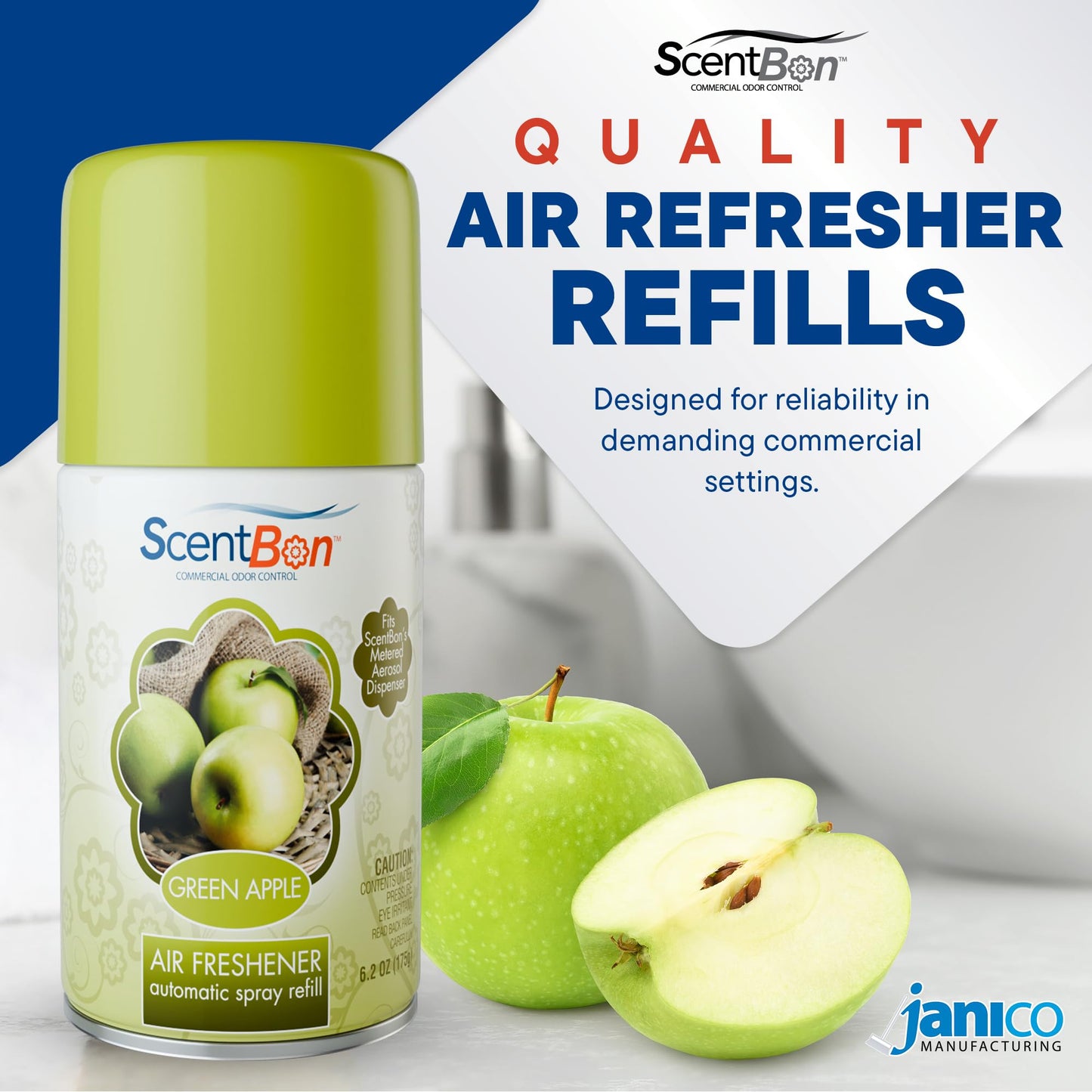 ScentBon Air Freshener Refill Metered Aerosol Can, Cinnamon, Fresh Linen, Green Apple, Mango, Ocean, Vanilla, Pack of 12 (12, Green - Green Apple