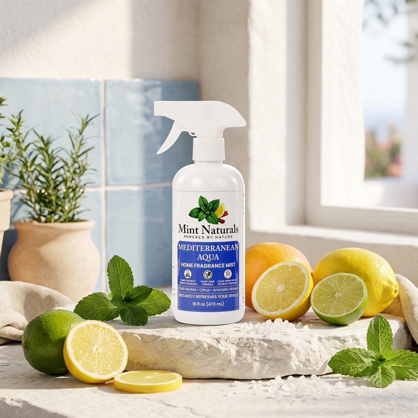 Natural Mediterranean Aqua Room Spray & Odor Eliminator - Fresh Marine Citrus Fragrance Mist That Helps Refresh Indoor Air, 16 oz - Made in USA by