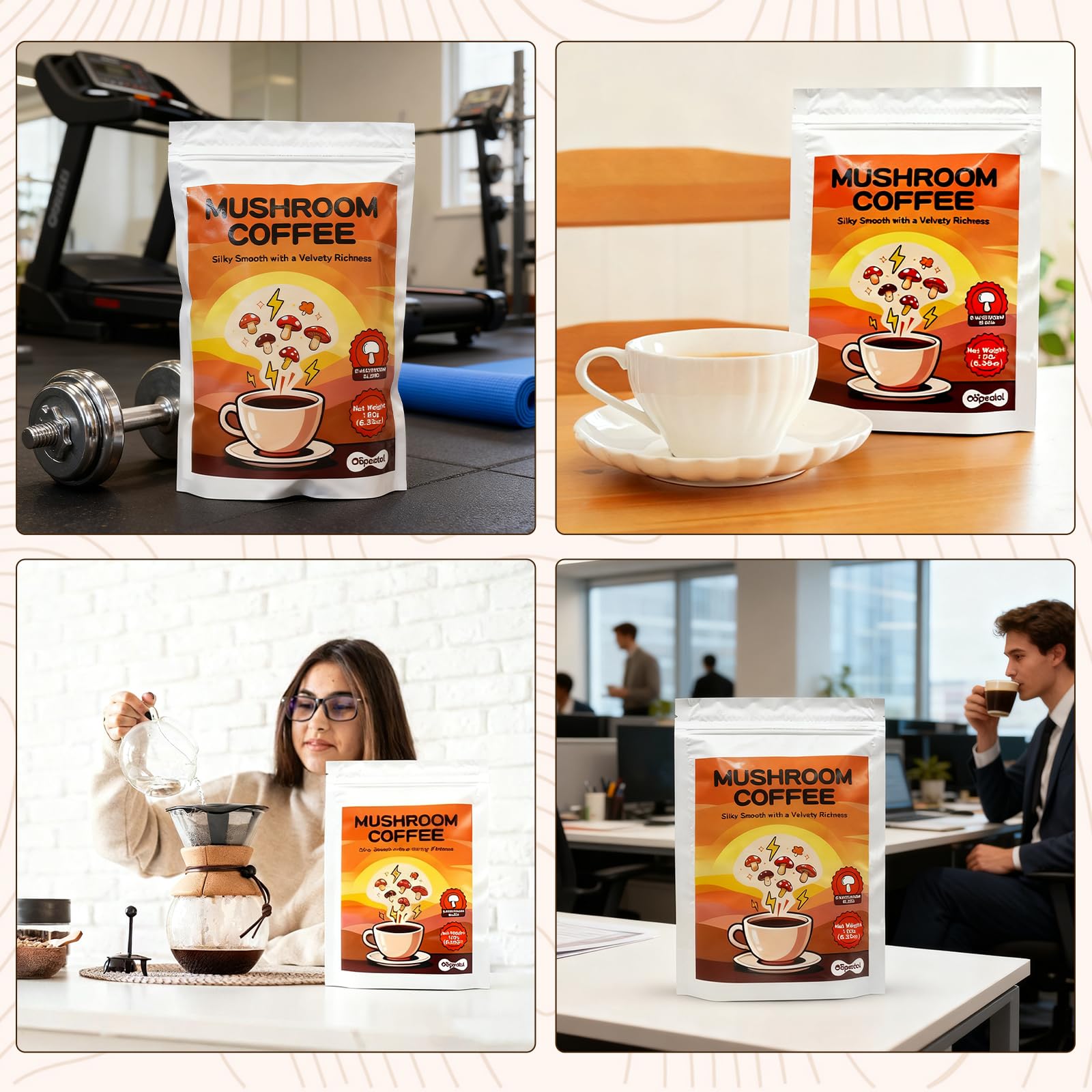 Mushroom Coffee Instant Powder with 6 Functional Mushrooms (Lion‘s Mane, Reishi, Cordyceps) - Focus, Energy & Body protection Support, Low Caffeine