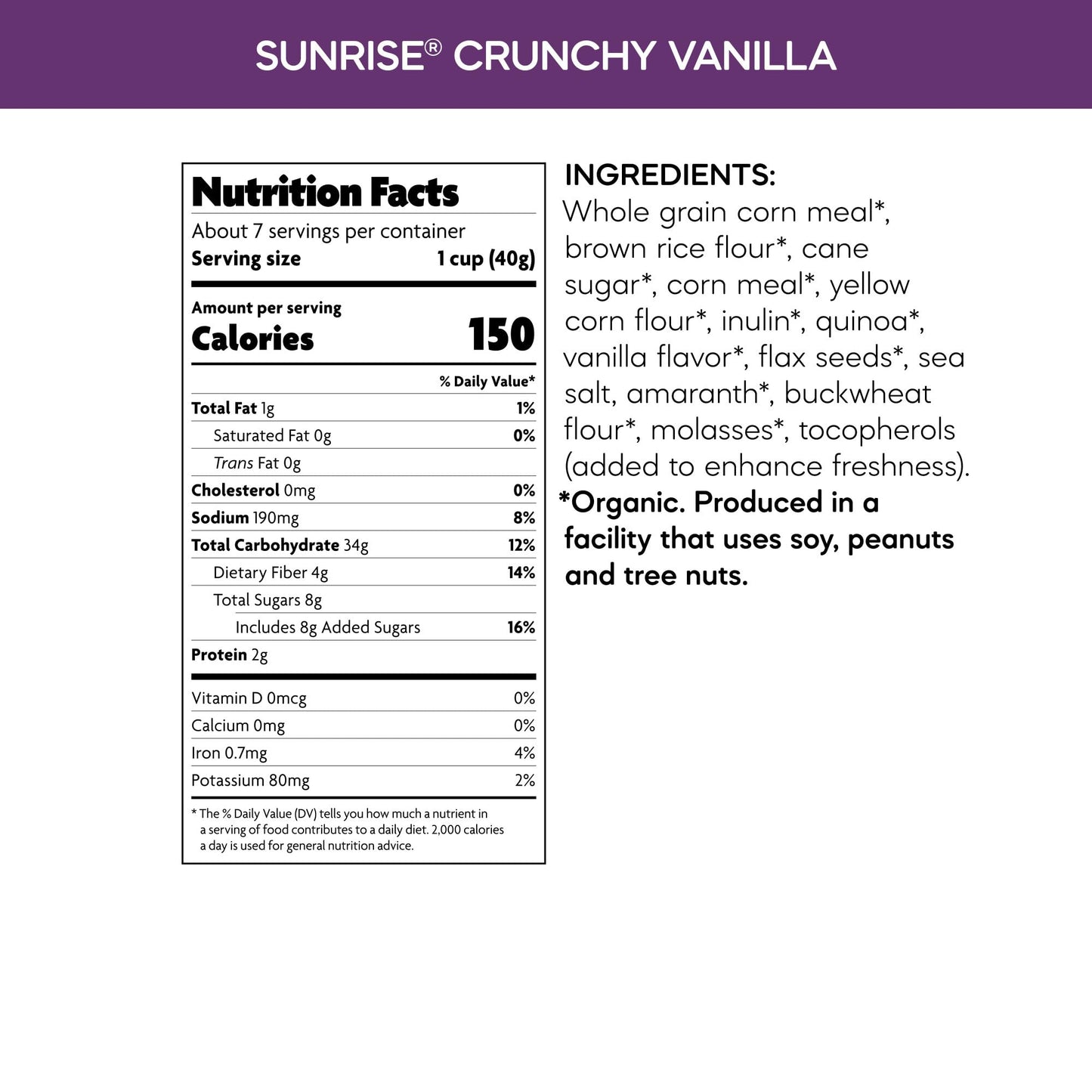 Natures Path, Cereal Sunrise Crunchy Vanilla Gluten Free Organic, 10.6 Ounce