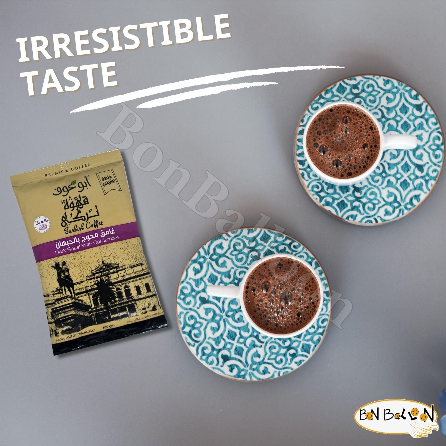 (Dark Roast With Cardamom 3.52 oz / 100 gm) Abu Auf AbuAuf Oriental Original Turkish Coffee Cafe Arabic Arabian Arabica Ground Roasted Mud Coffee